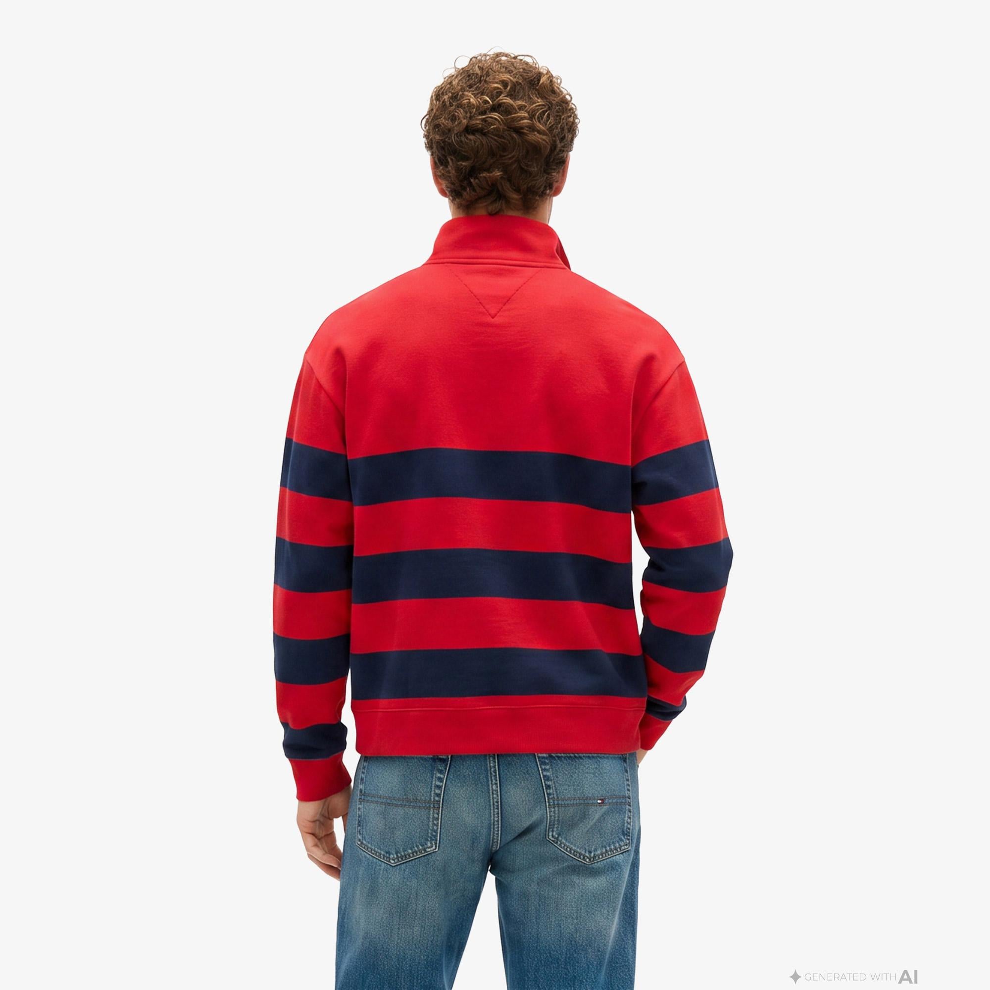 Tommy Hilfiger Nautical Block Stripe 1/4 Zip Erkek Kırmızı Sweatshirt