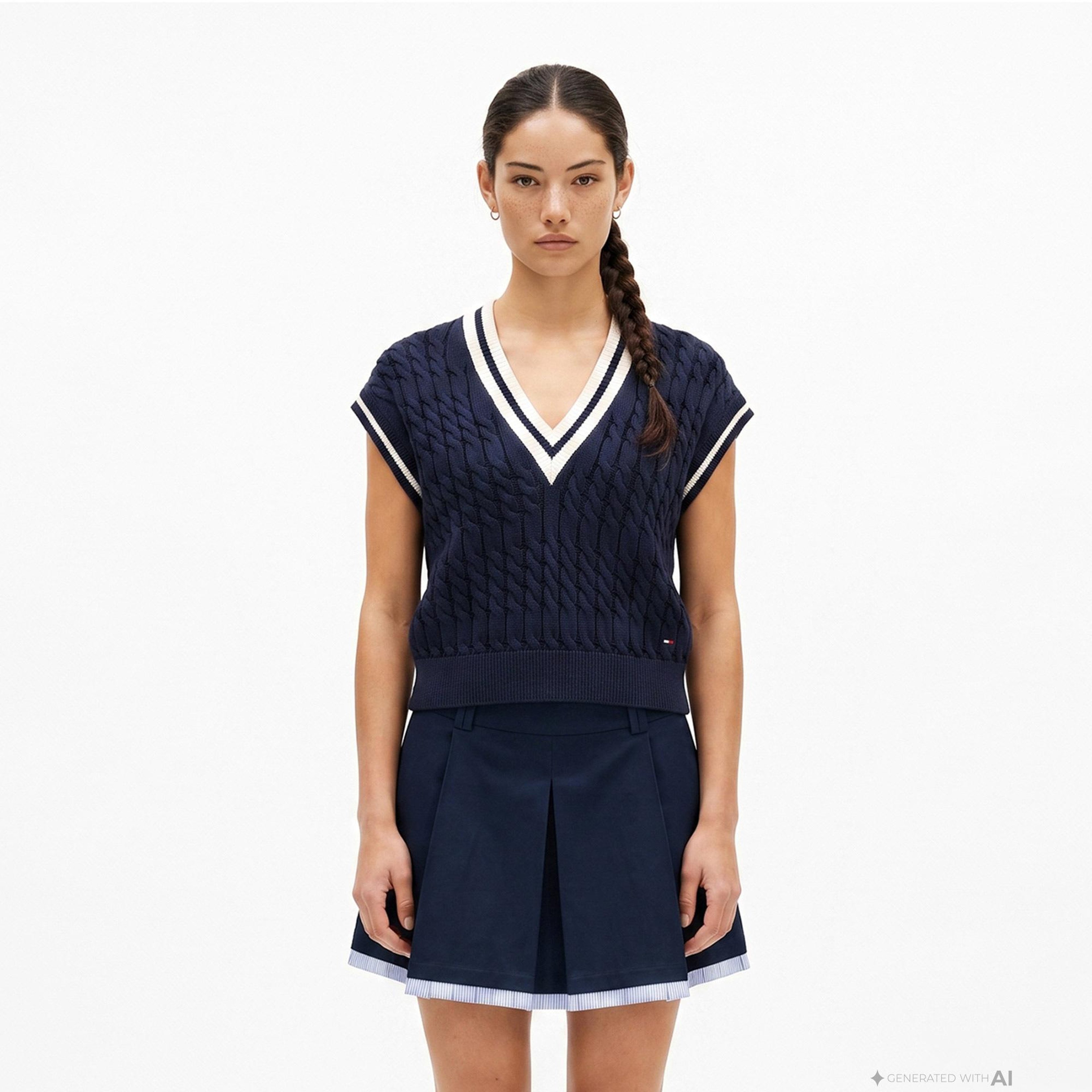 Tommy Hilfiger Tipping V Yaka Cable Kadın Lacivert Triko