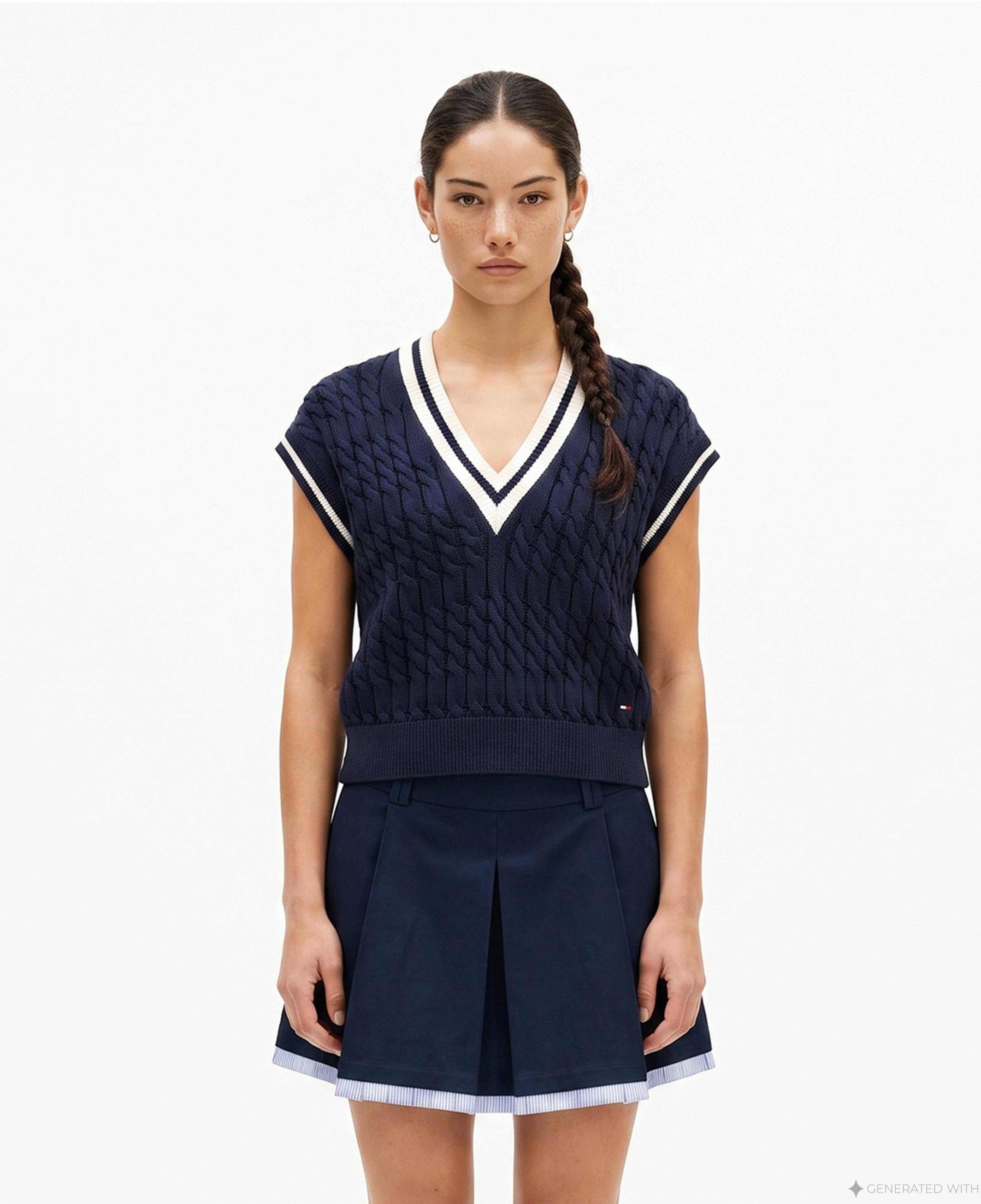 Tommy Hilfiger Tipping V Yaka Cable Kadın Lacivert Triko