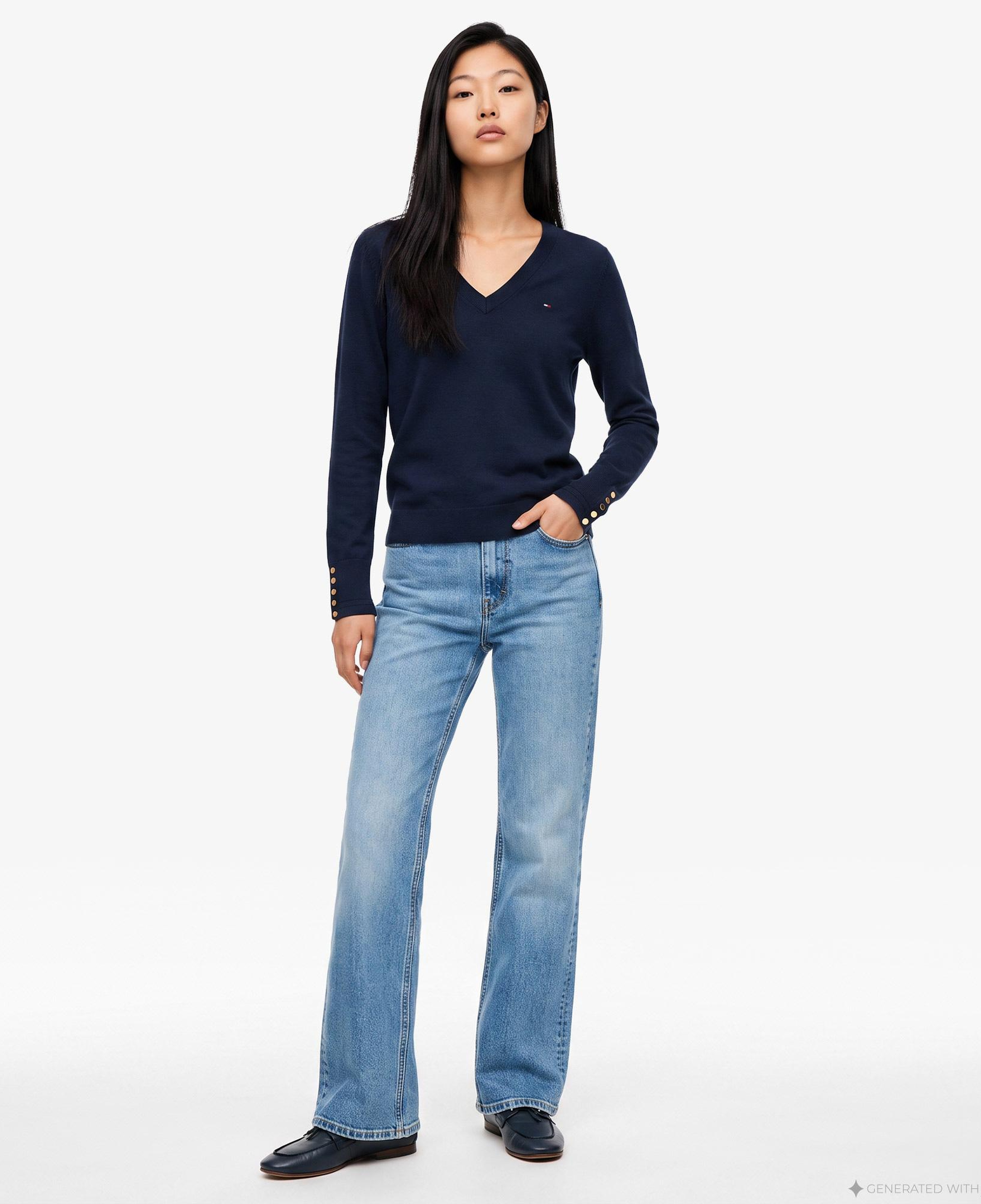 Tommy Hilfiger Stitch V Yaka Kadın Lacivert Triko
