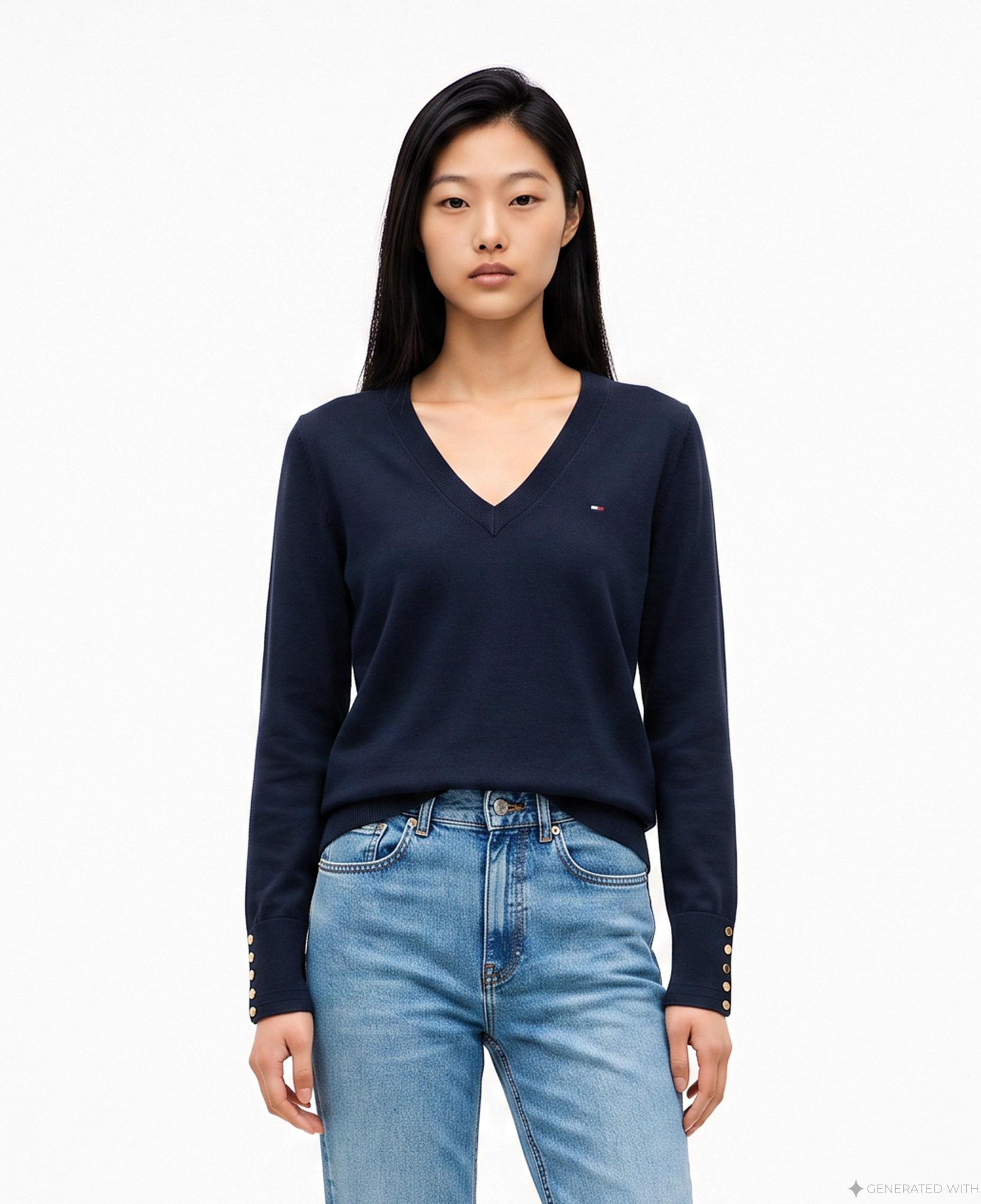 Tommy Hilfiger Stitch V Yaka Kadın Lacivert Triko