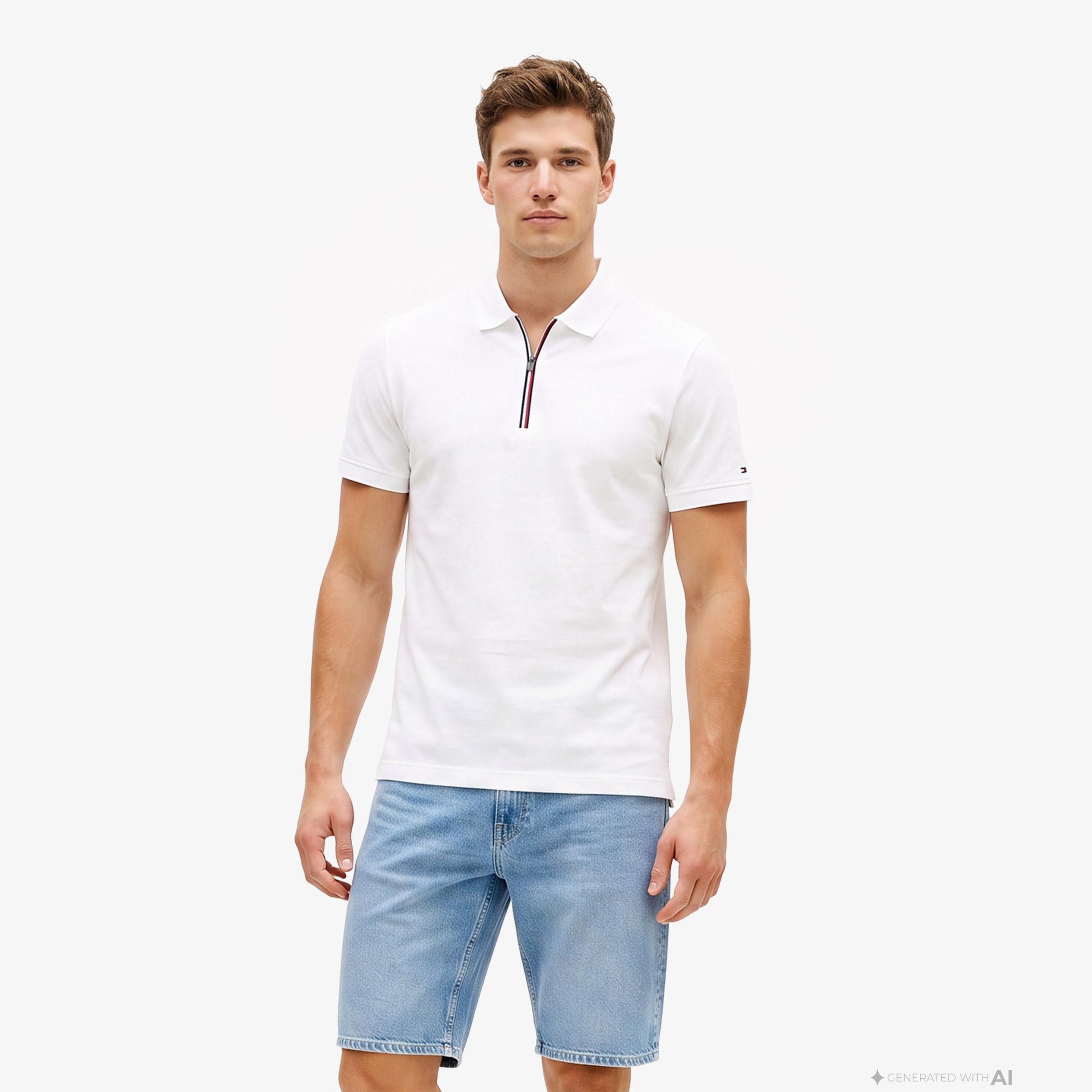 Tommy Hilfiger Liquid Cotton Zip Erkek Beyaz Polo