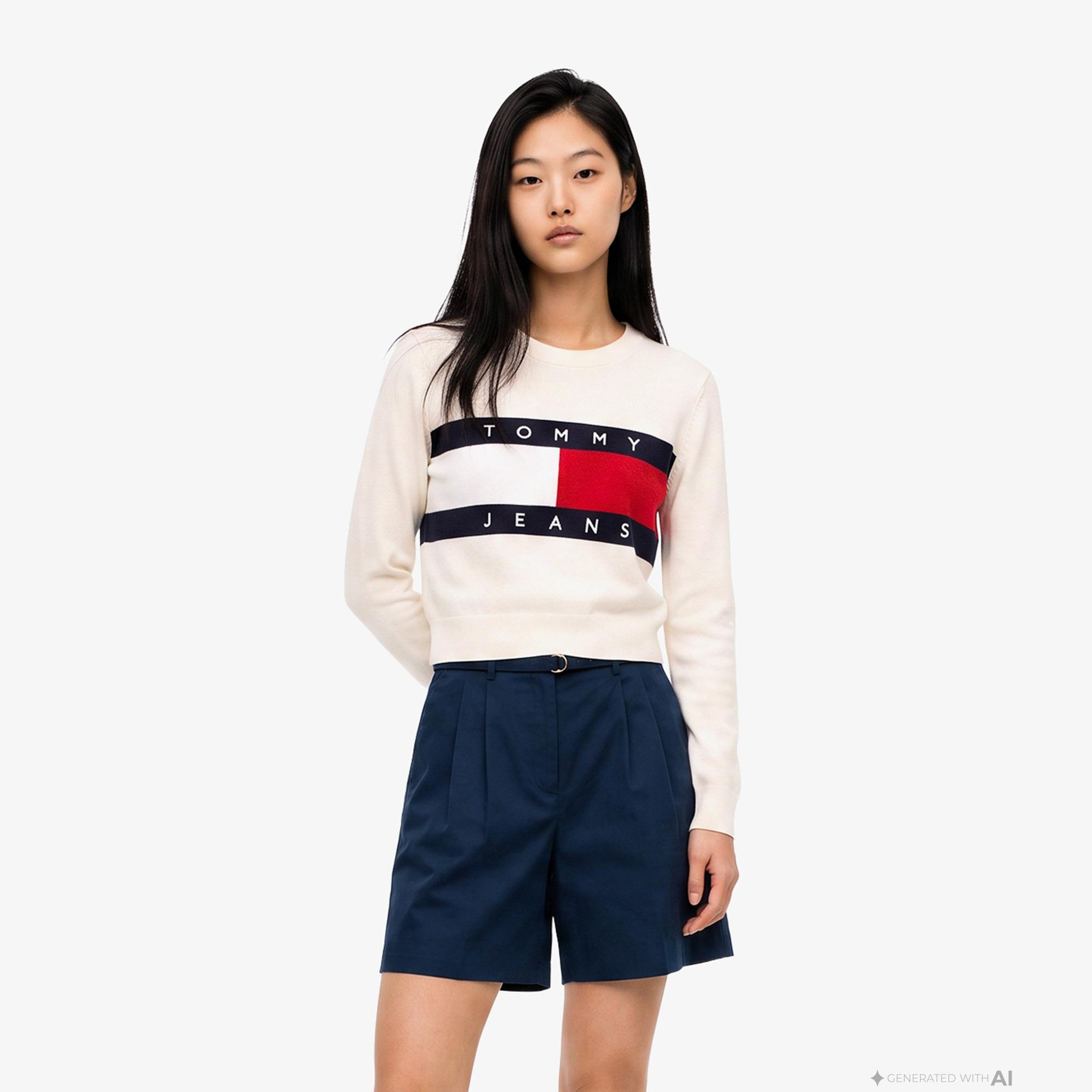 Tommy Hilfiger Flag Crew Neck Kadın Beyaz Triko