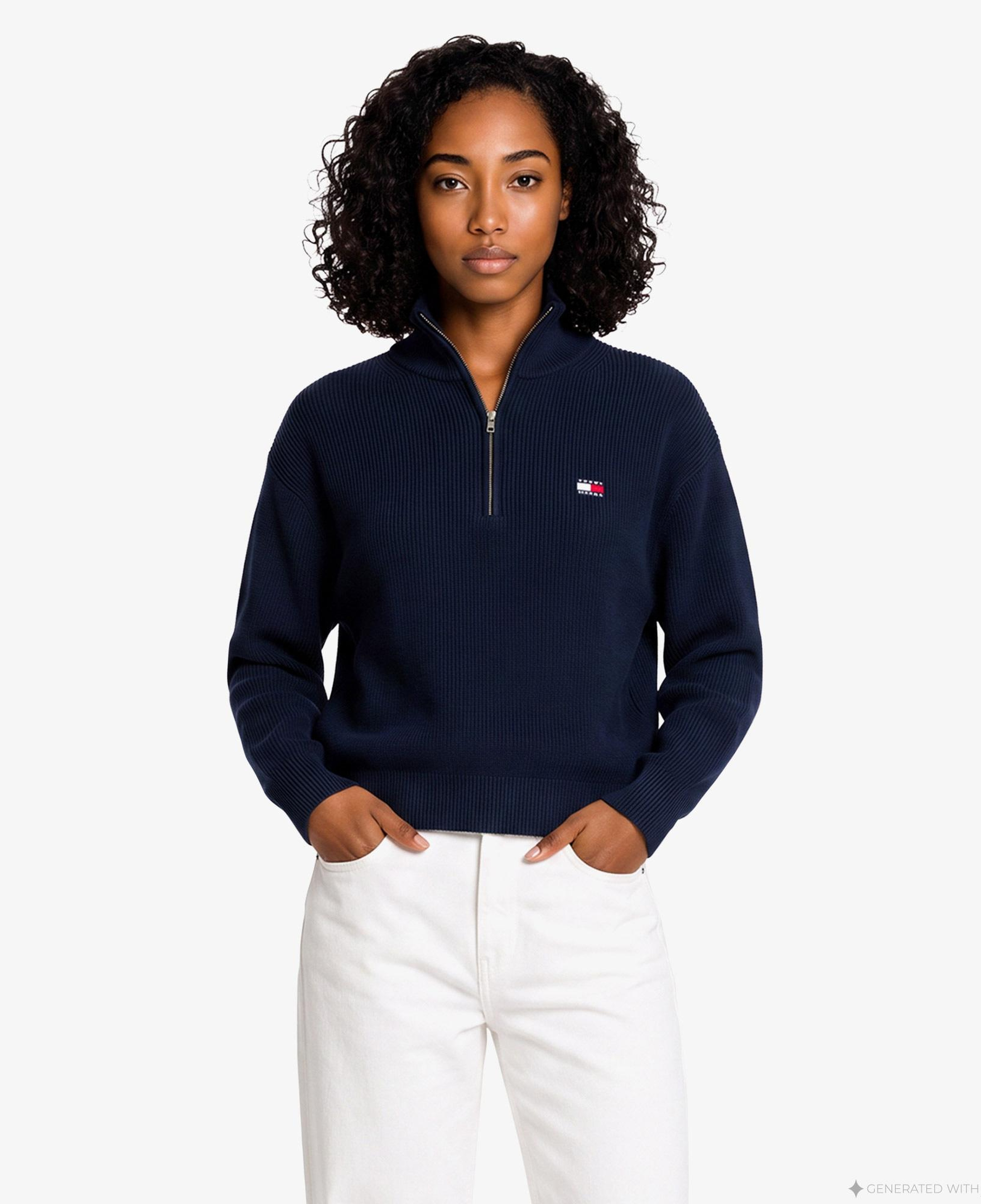 Tommy Hilfiger Quarter Zip Kadın Lacivert Triko