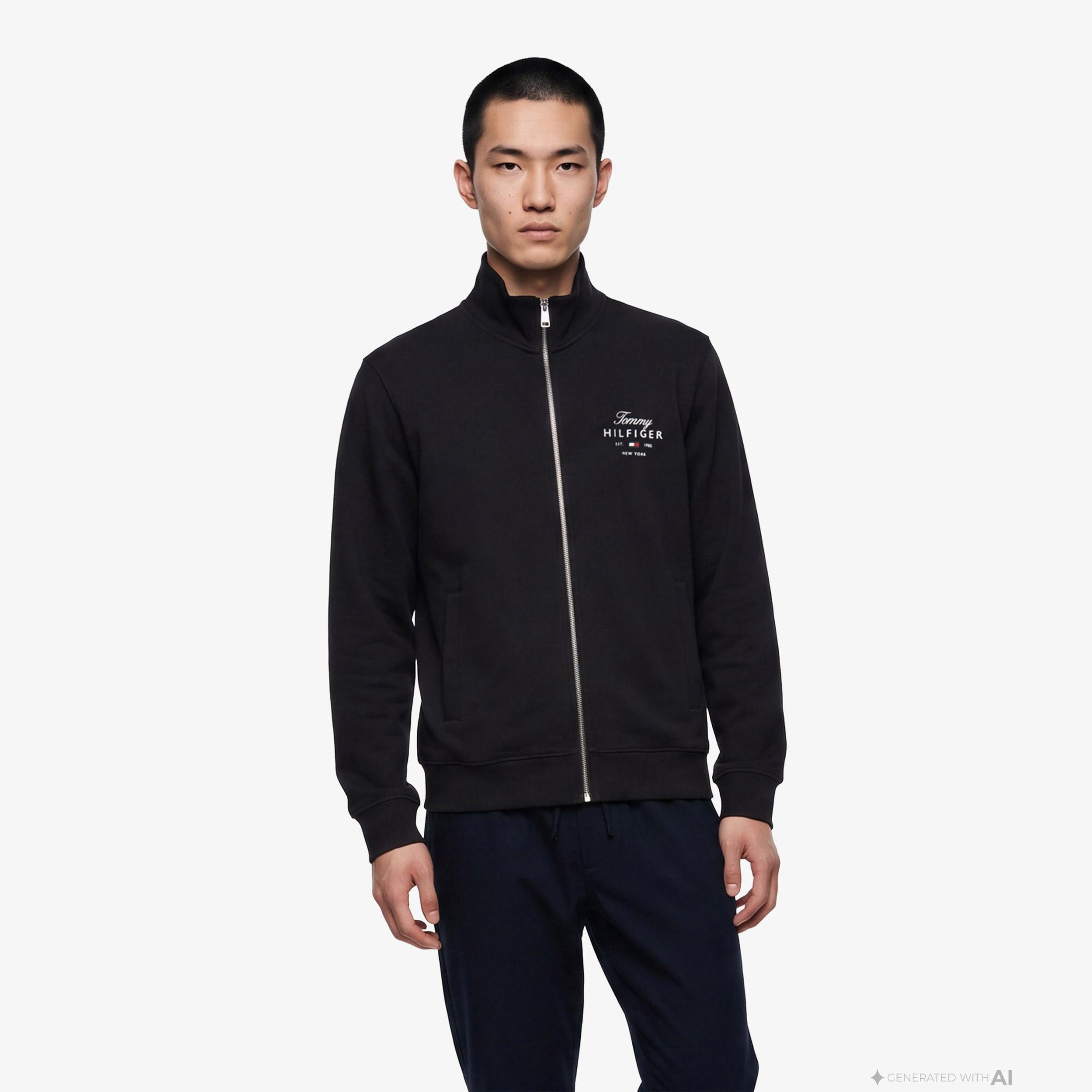 Tommy Hilfiger Script Stack Stand Collar Erkek Siyah Sweatshirt
