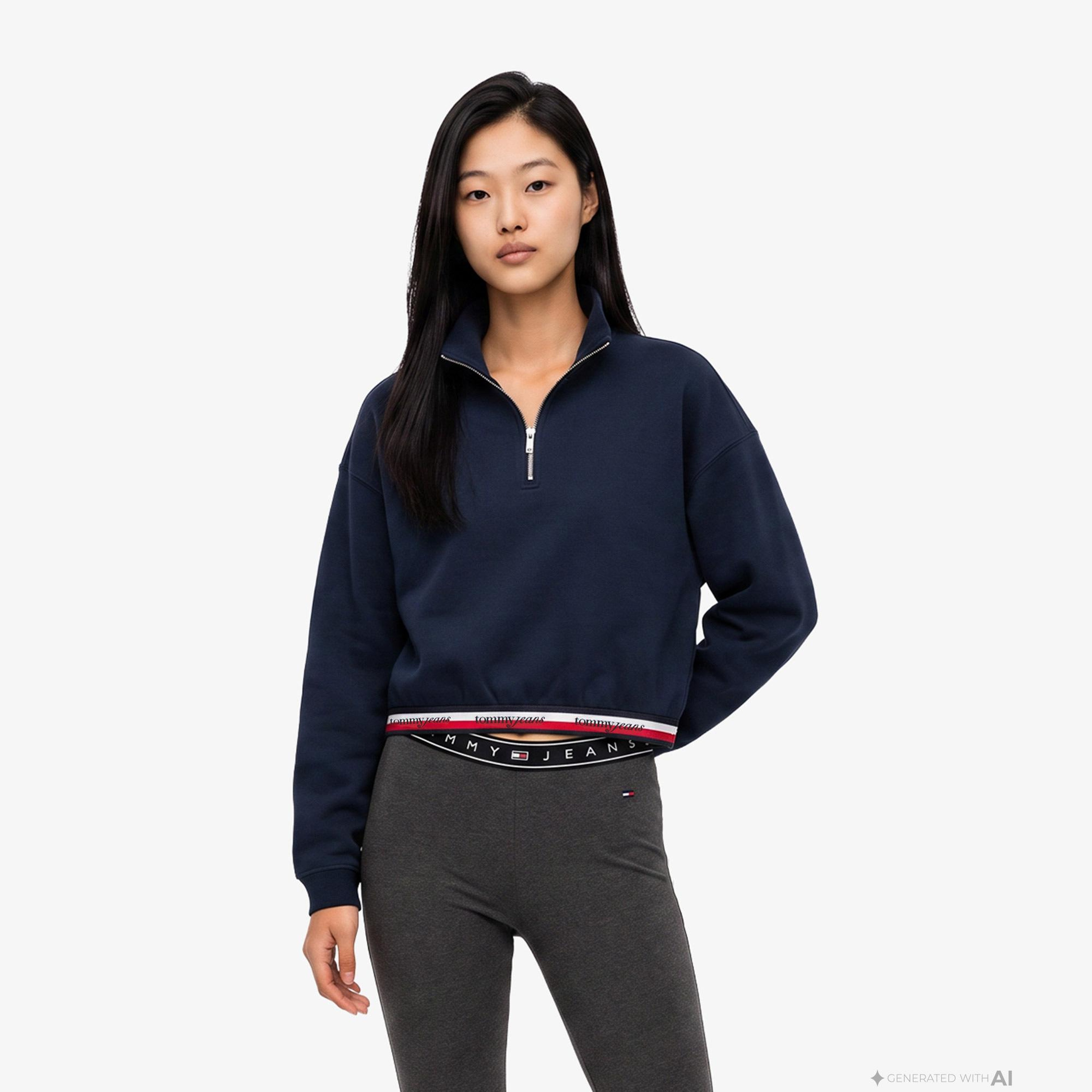 Tommy Hilfiger 1/4 Zip Tape Kadın Lacivert Sweatshirt