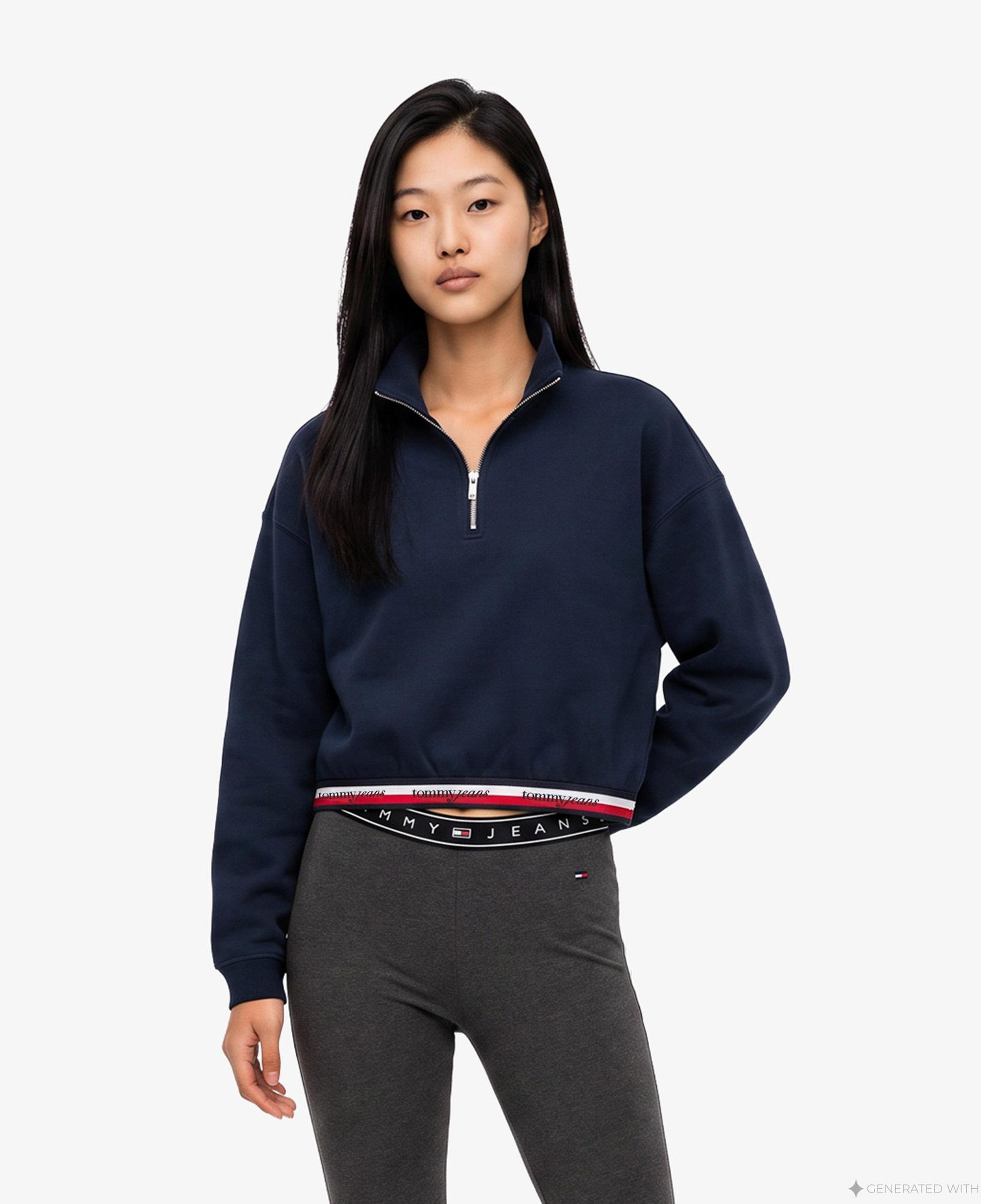 Tommy Hilfiger 1/4 Zip Tape Kadın Lacivert Sweatshirt