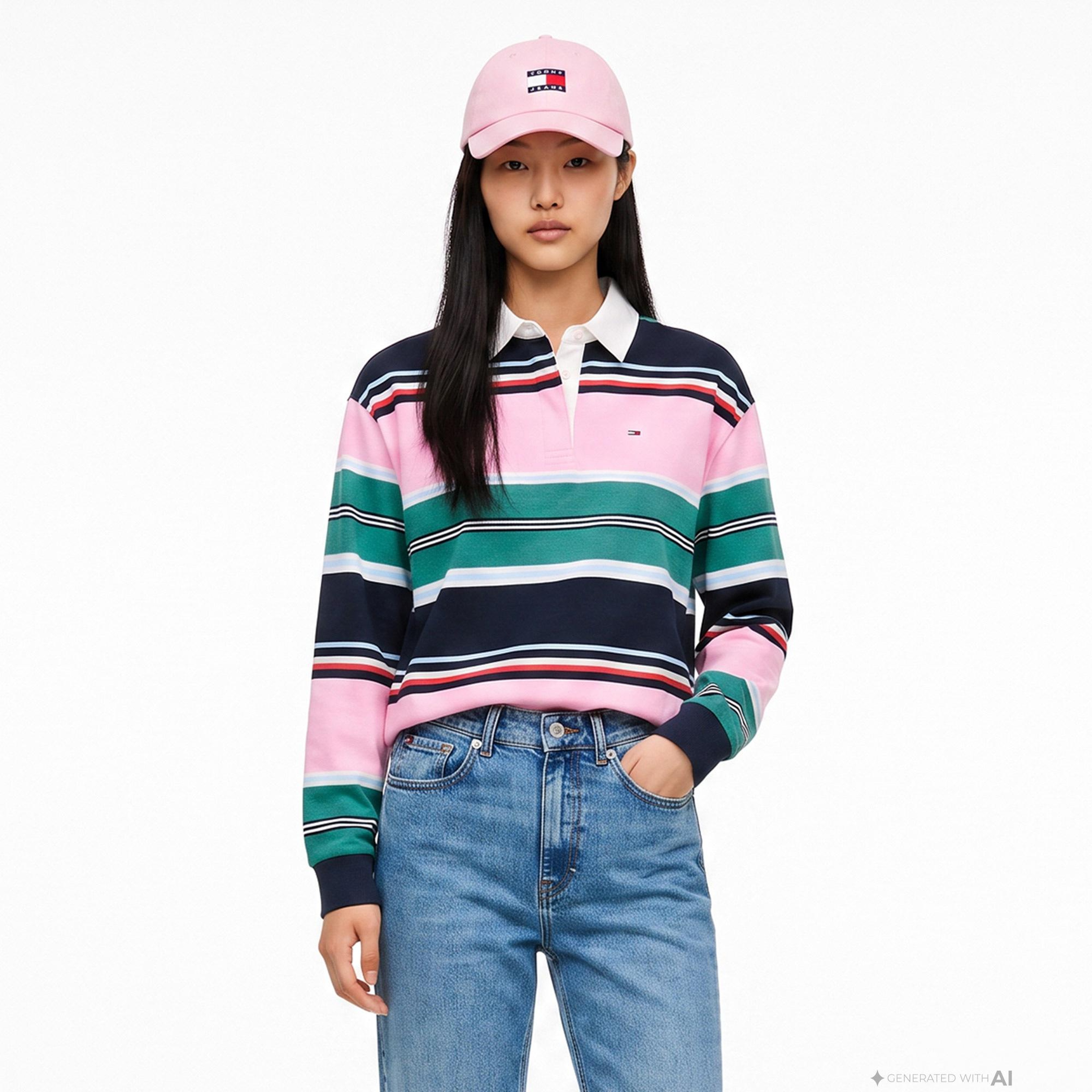 Tommy Hilfiger Multi Stripe Rugby Kadın Pembe Sweatshirt