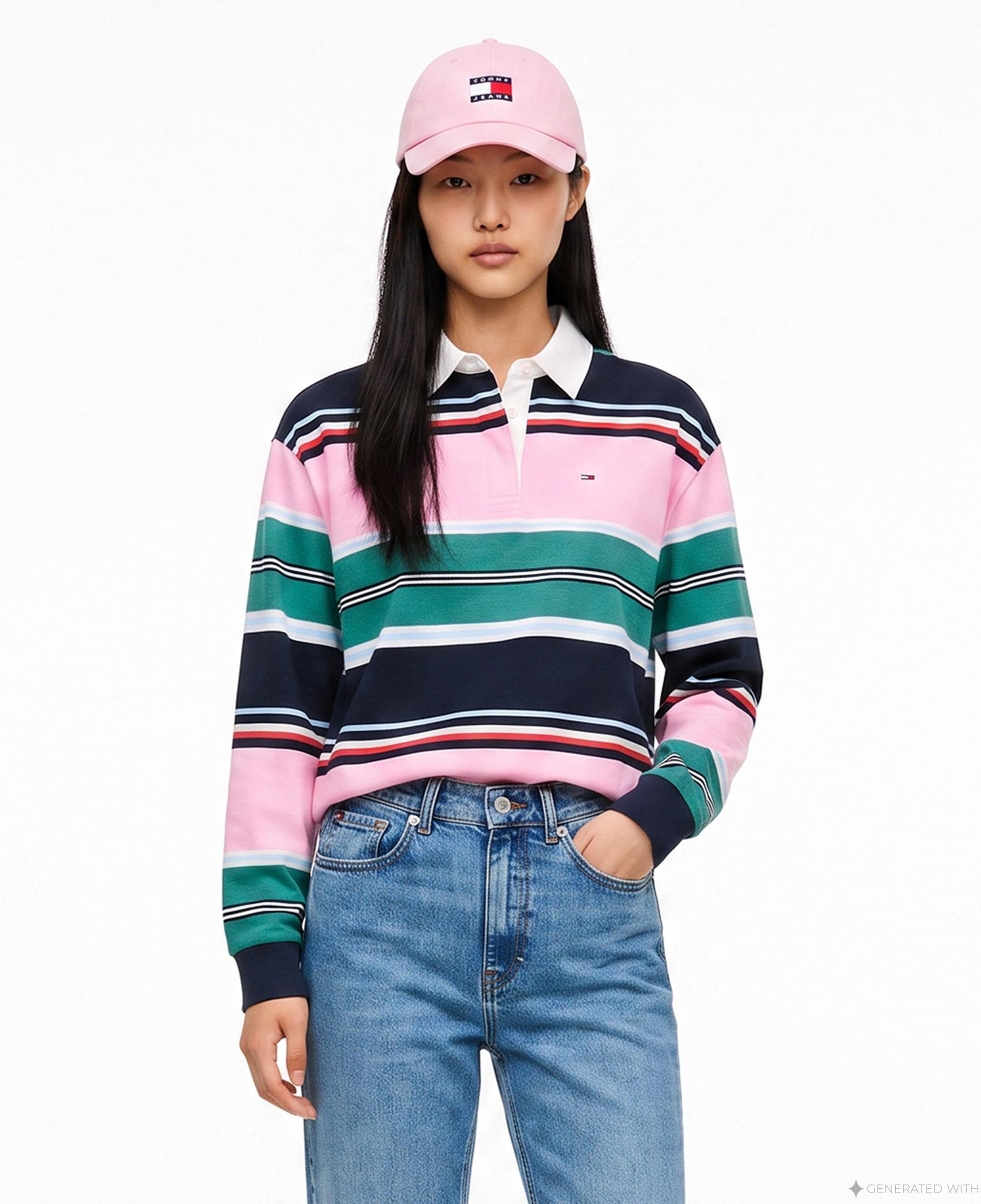 Tommy Hilfiger Multi Stripe Rugby Kadın Pembe Sweatshirt