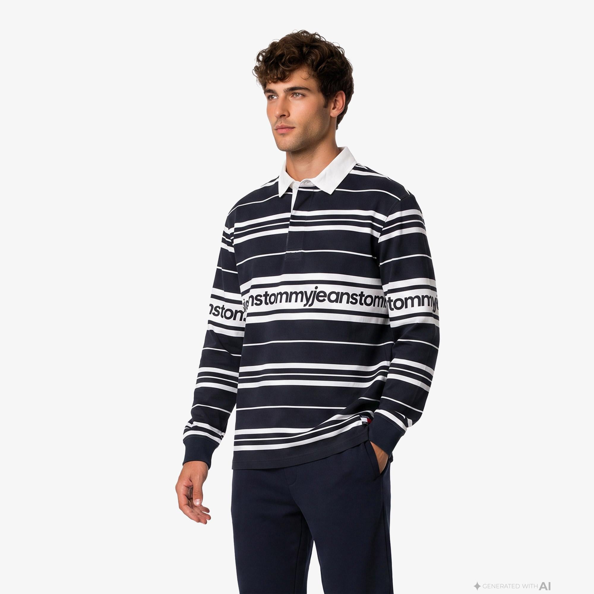 Tommy Hilfiger Branded Stripe Rugby Erkek Lacivert Polo