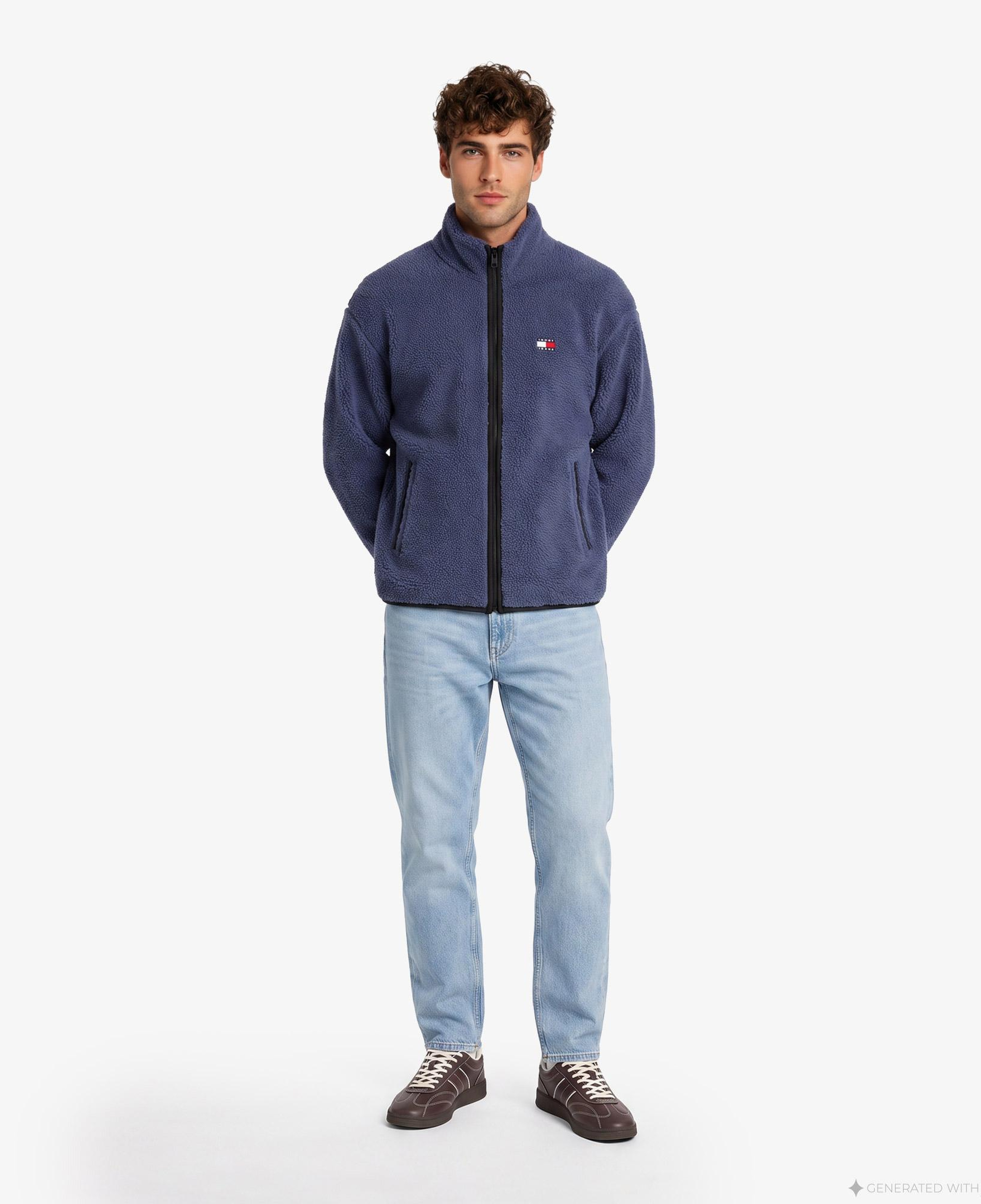Tommy Hilfiger Badge Zip-Thru Teddy Erkek Mavi Polar Sweatshirt