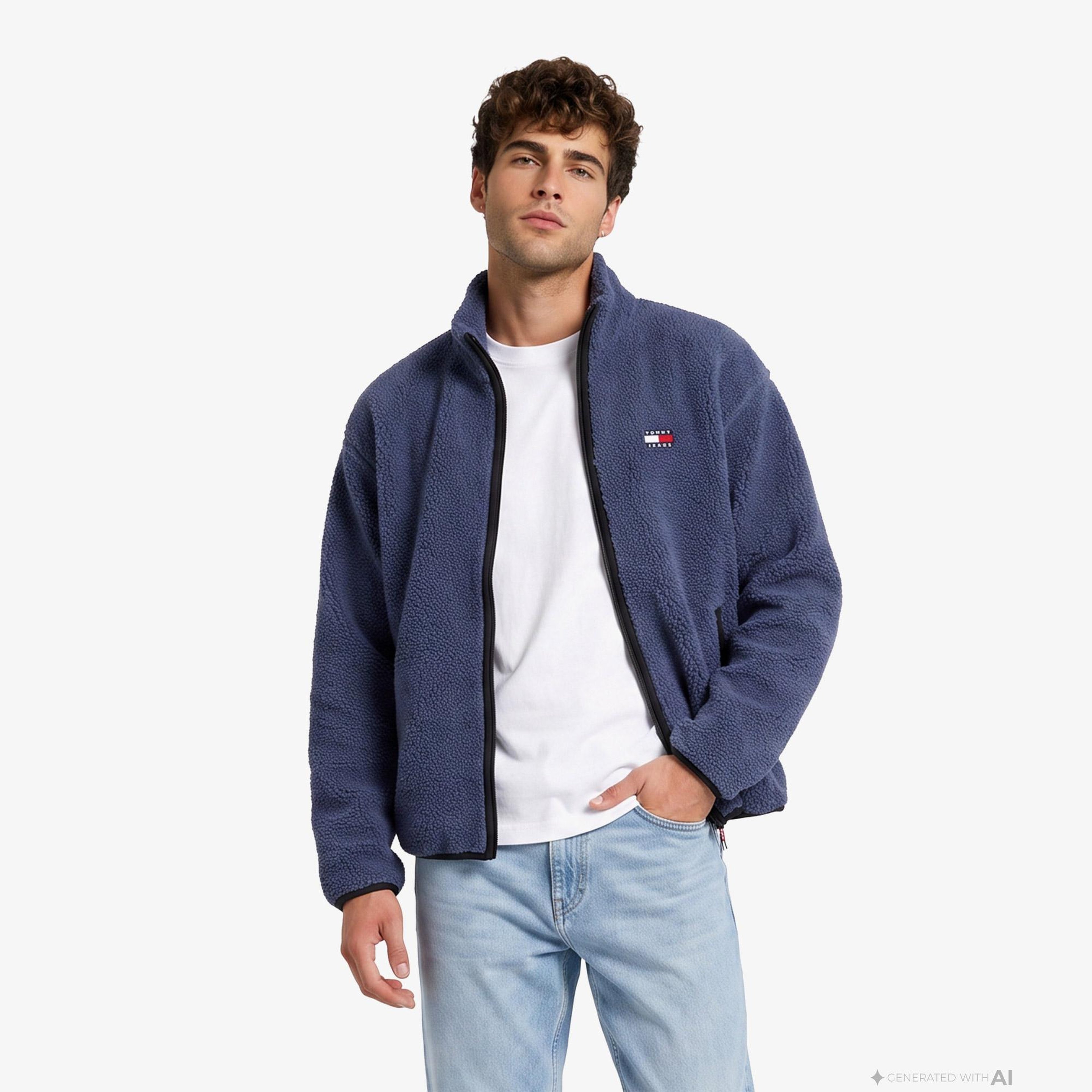 Tommy Hilfiger Badge Zip-Thru Teddy Erkek Mavi Polar Sweatshirt