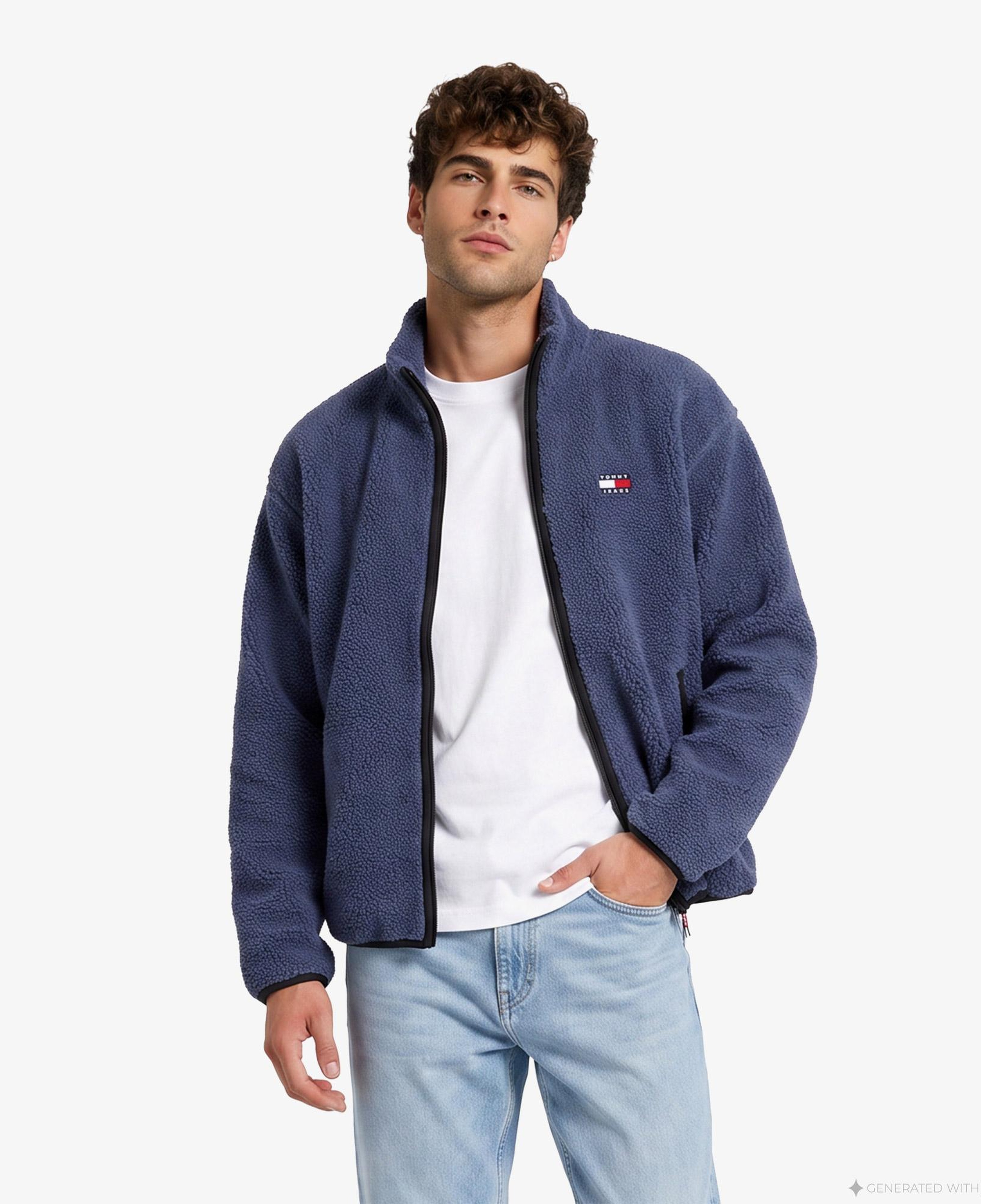 Tommy Hilfiger Badge Zip-Thru Teddy Erkek Mavi Polar Sweatshirt
