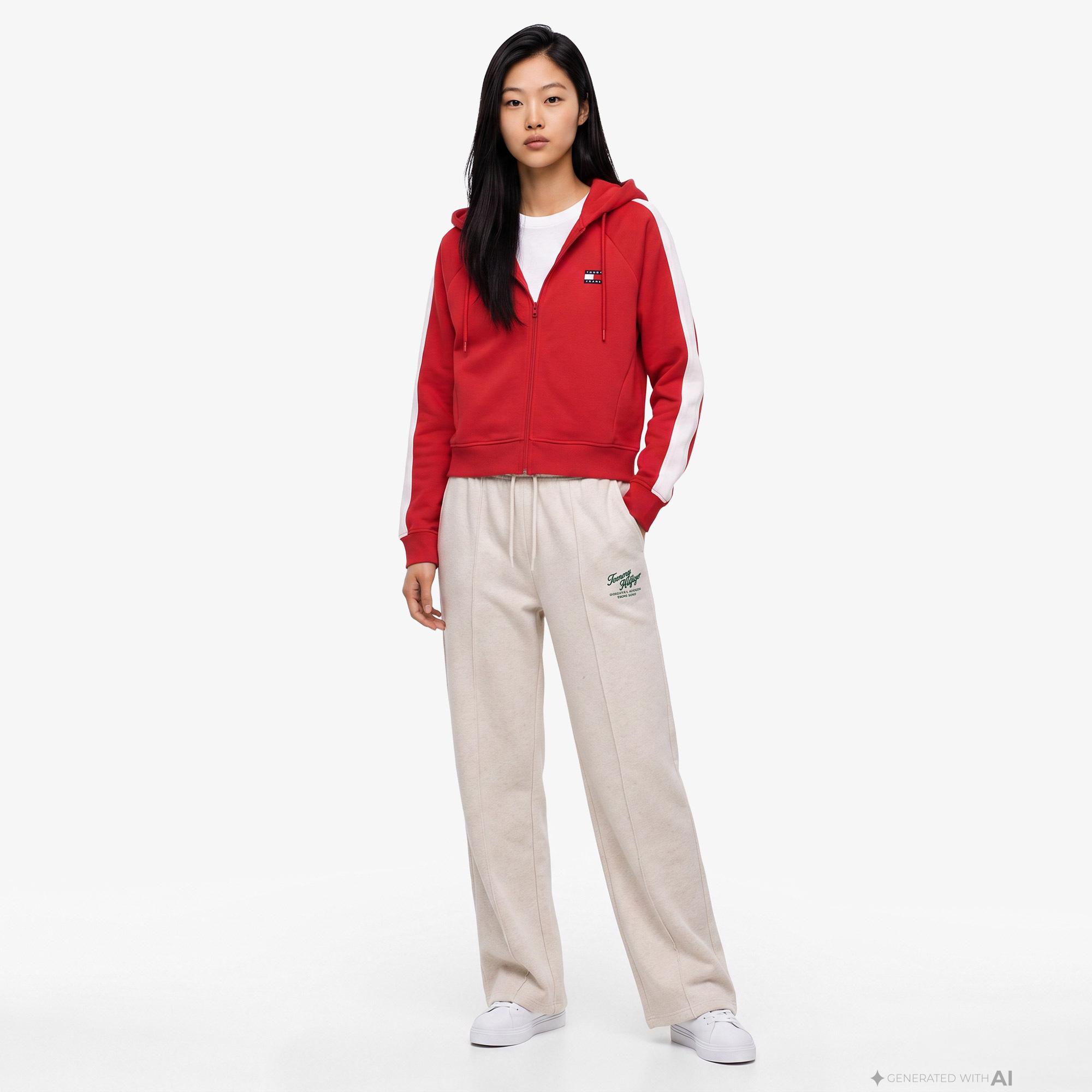 Tommy Hilfiger Badge Track Hood Kadın Kırmızı Sweatshirt