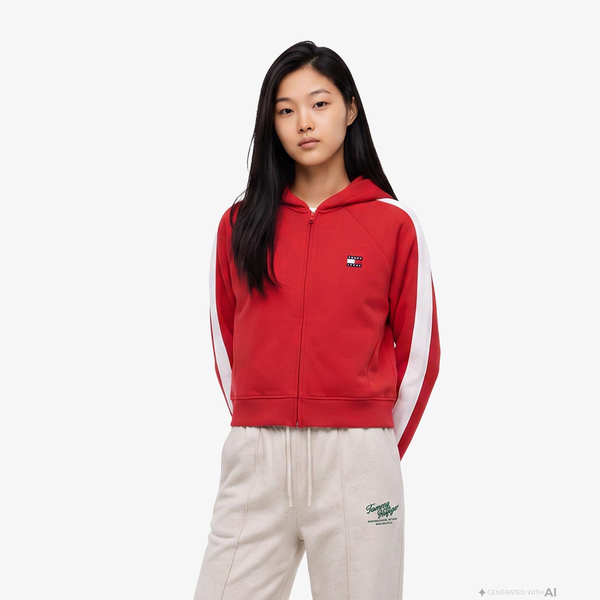 Tommy Hilfiger Badge Track Hood Kadın Kırmızı Sweatshirt