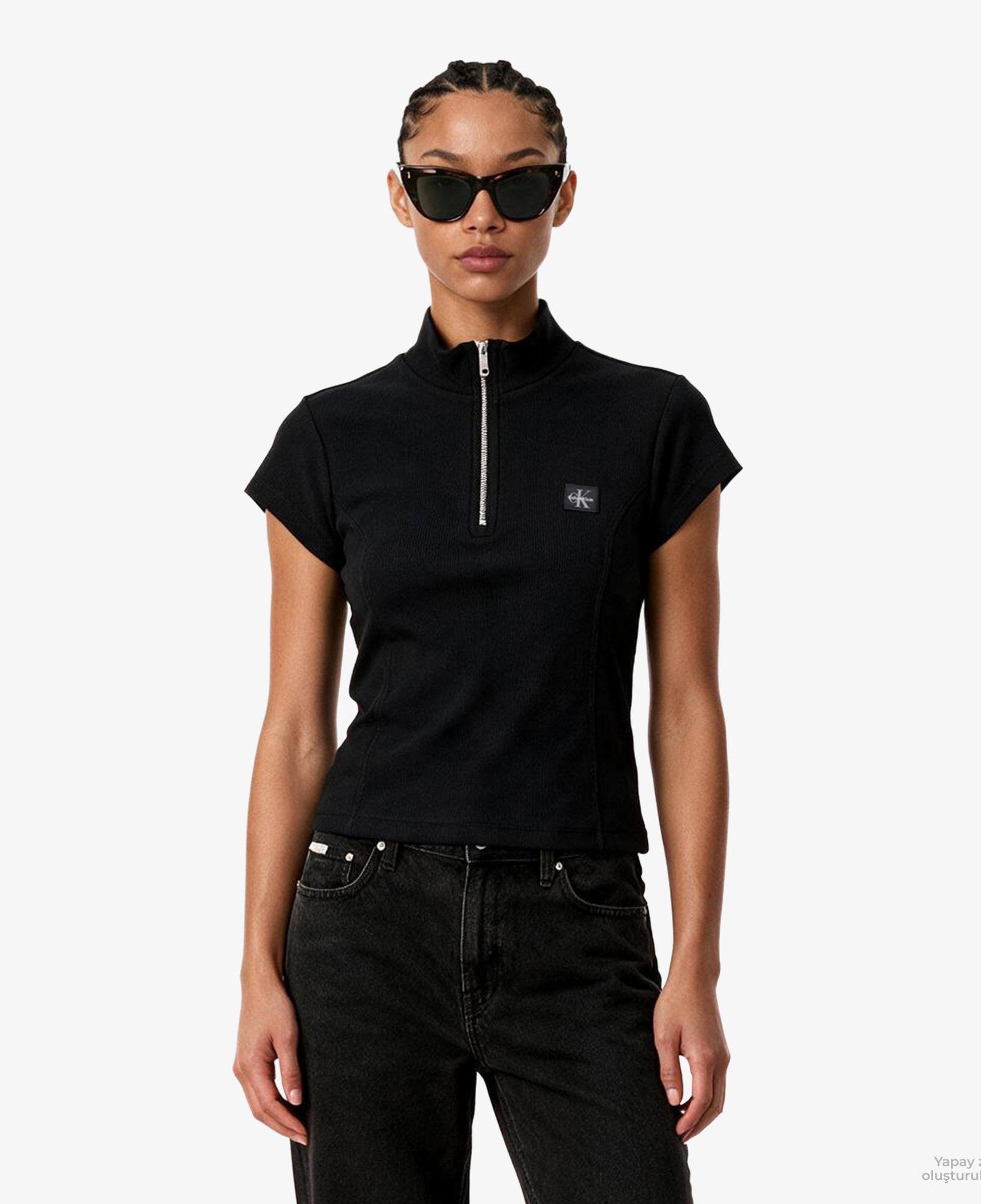 Calvin Klein Woven Label 2X2 Baby Rib Zip Kadın Siyah T-Shirt