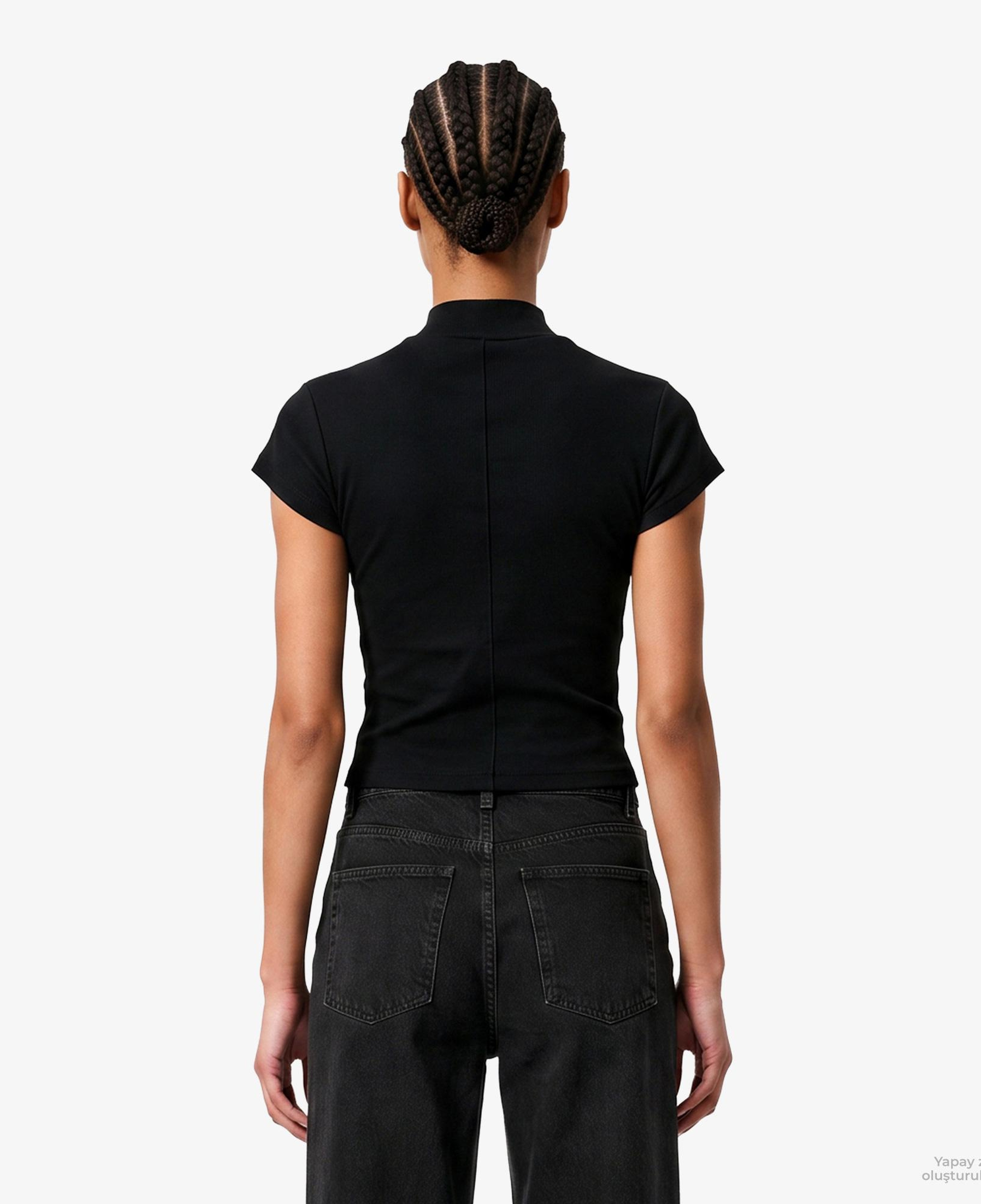 Calvin Klein Woven Label 2X2 Baby Rib Zip Kadın Siyah T-Shirt