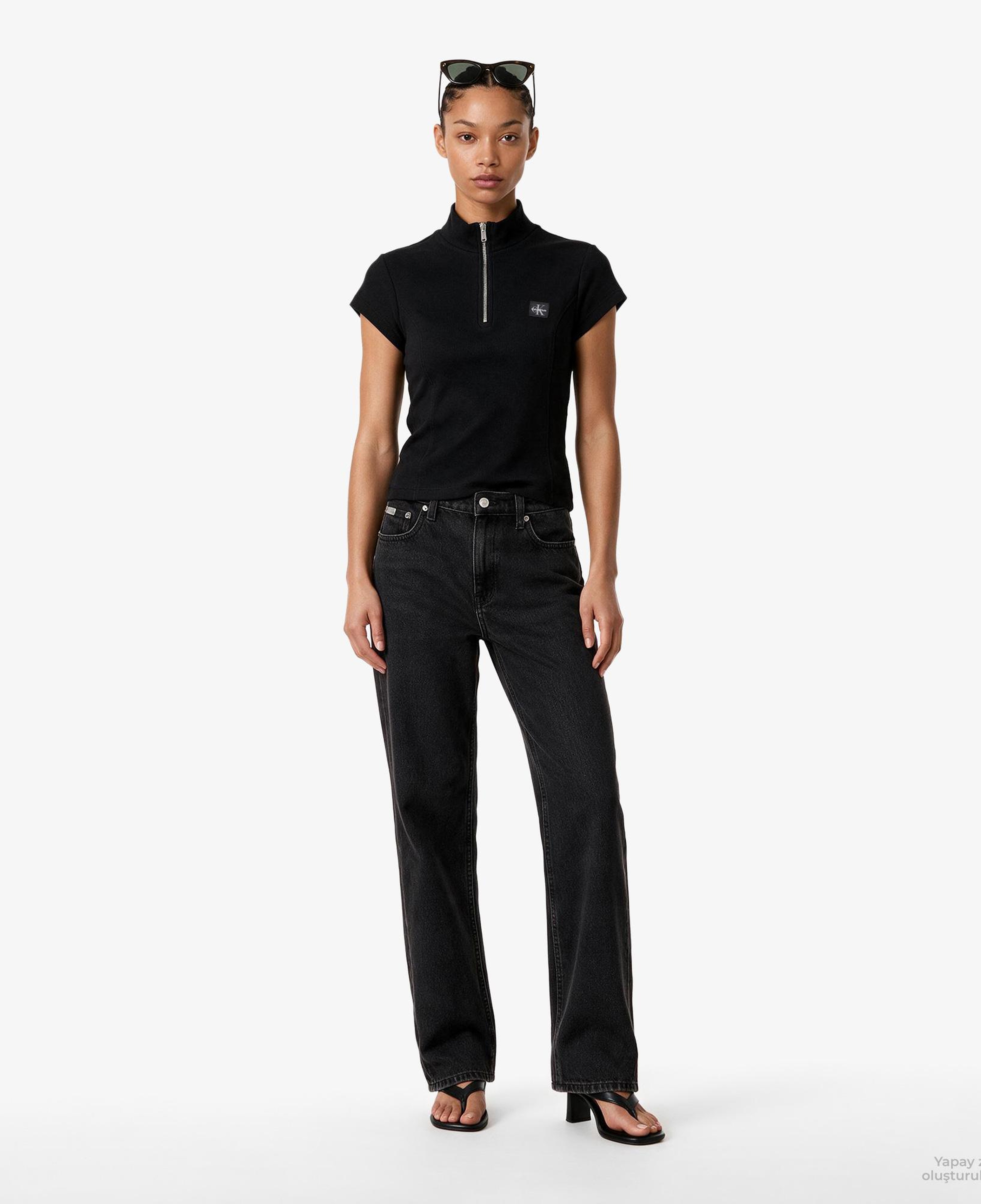 Calvin Klein Woven Label 2X2 Baby Rib Zip Kadın Siyah T-Shirt