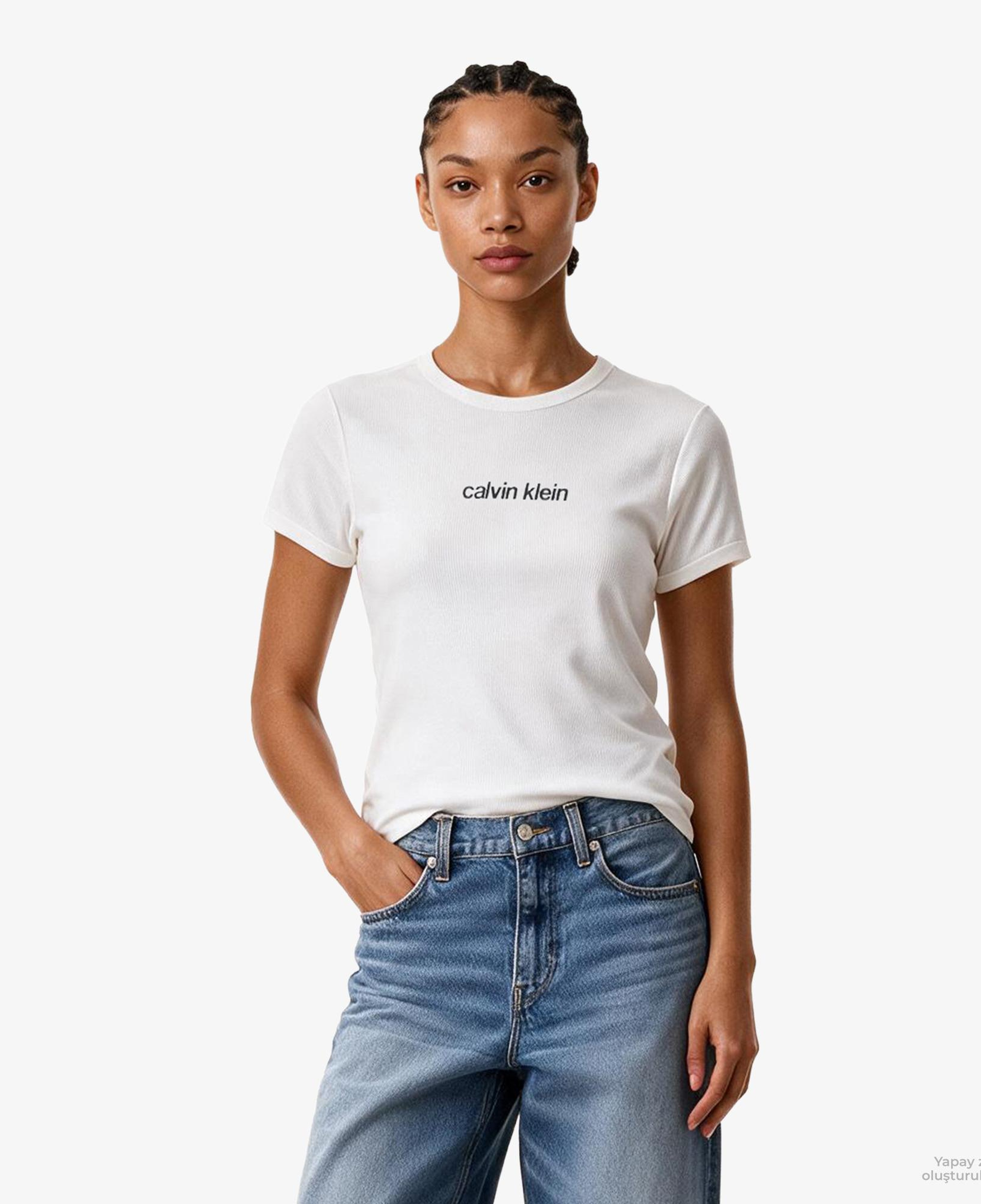 Calvin Klein Contour Rib Logo Ringer Kadın Beyaz T-Shirt