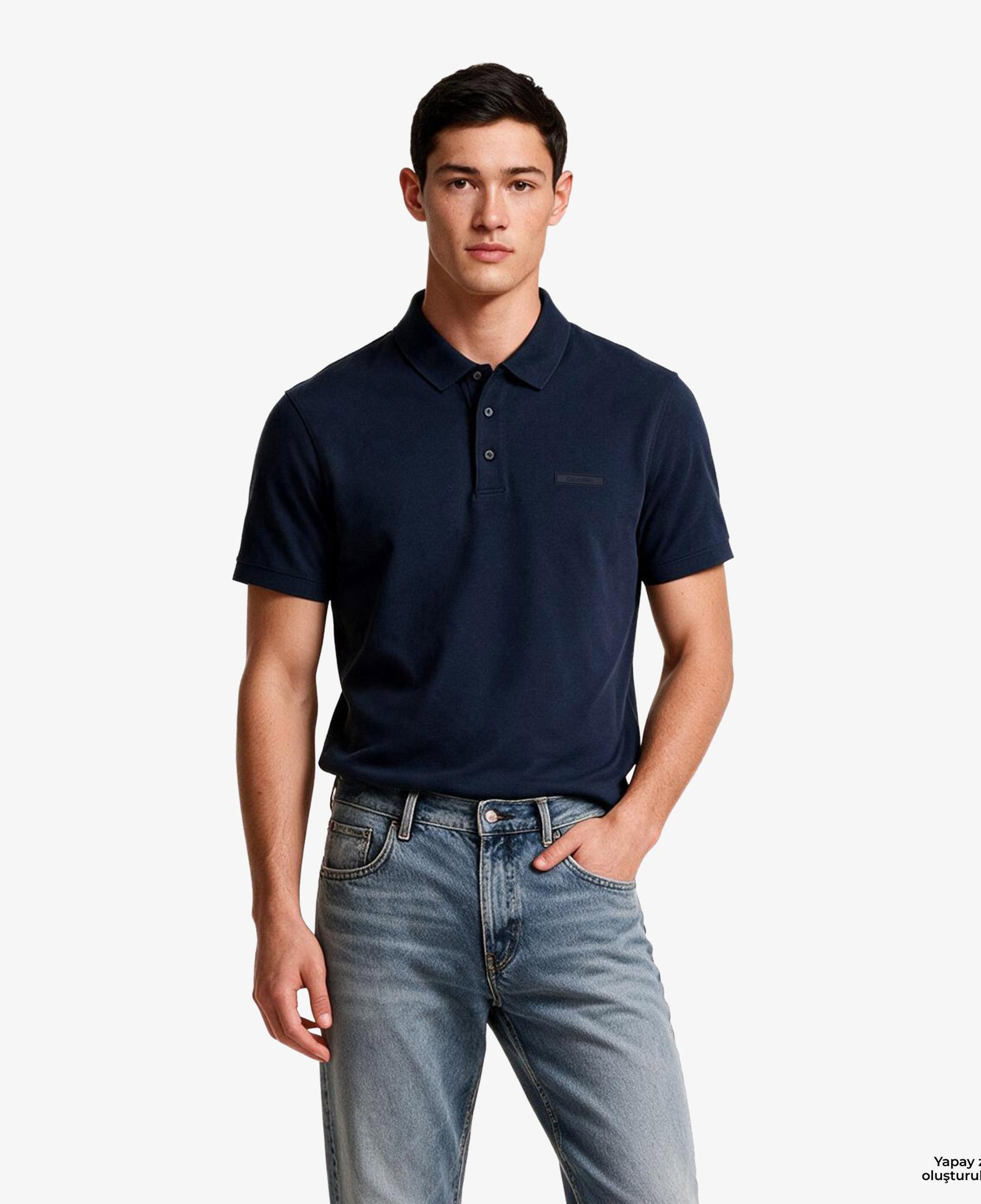 Calvin Klein Slim Supima Logo Patch Erkek Mavi Polo