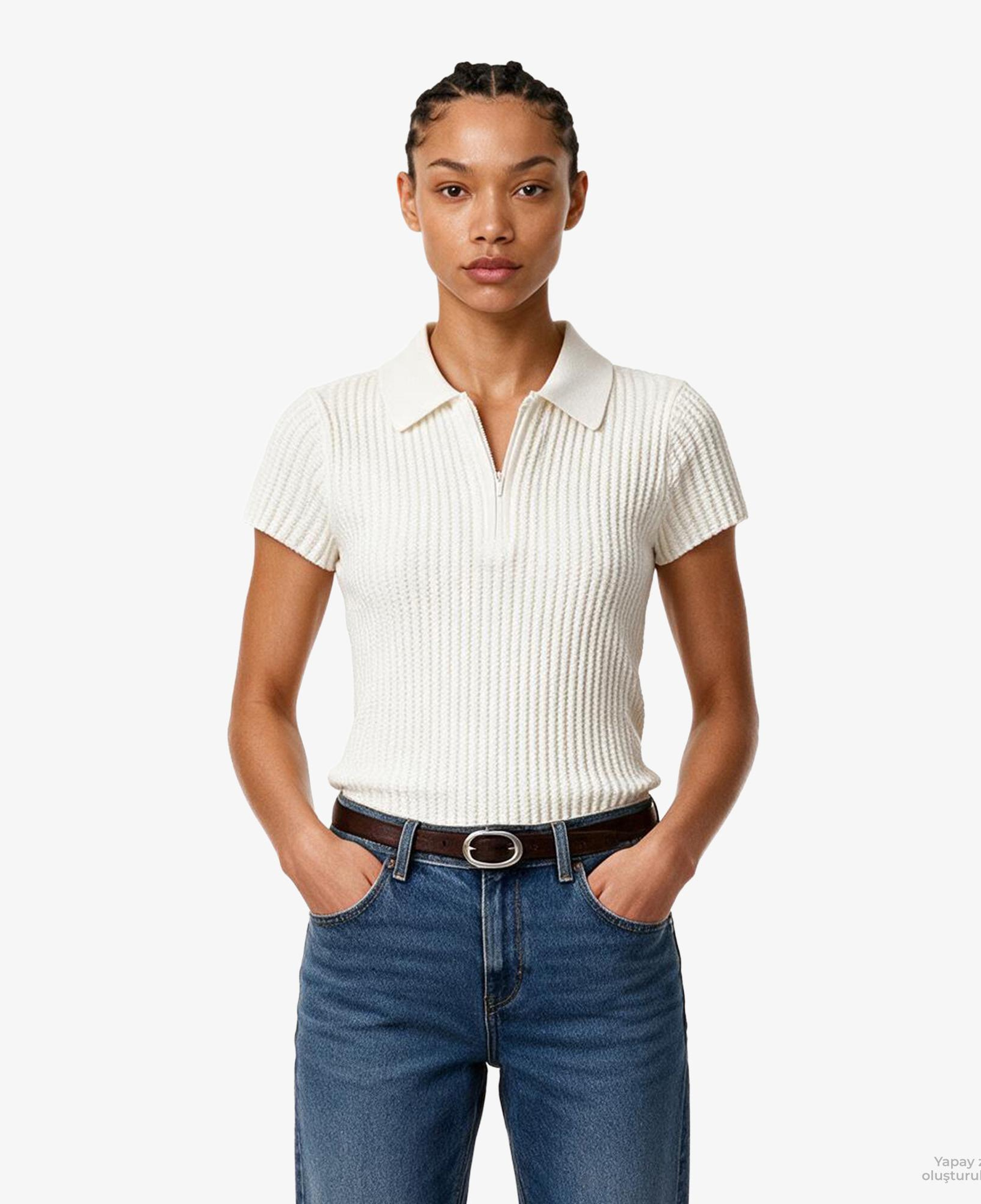 Calvin Klein Zıgzag Rib Zip Up Kadın Beyaz Triko