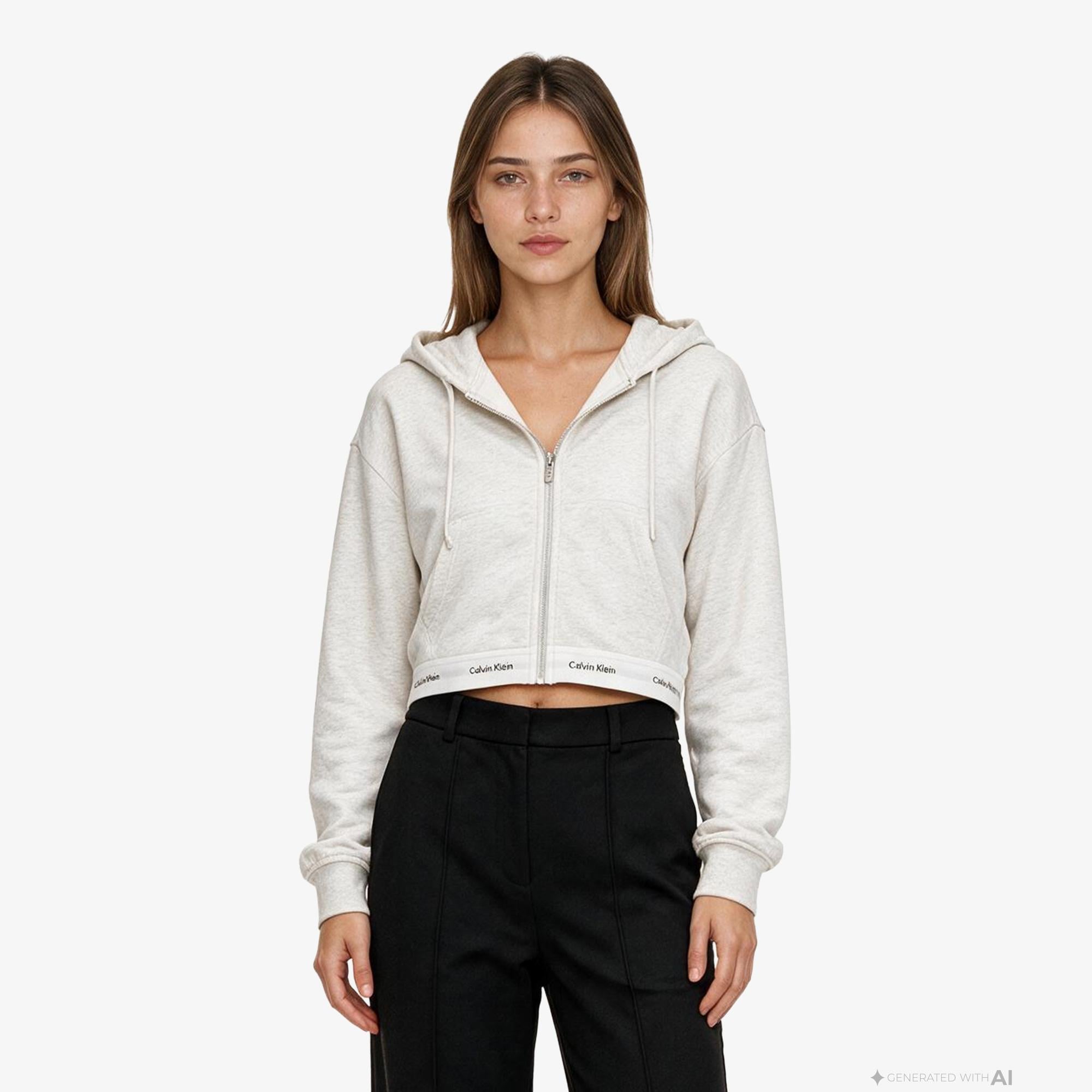 Calvin Klein Terry Logo Waist Cropped Kadın Gri Sweatshirt