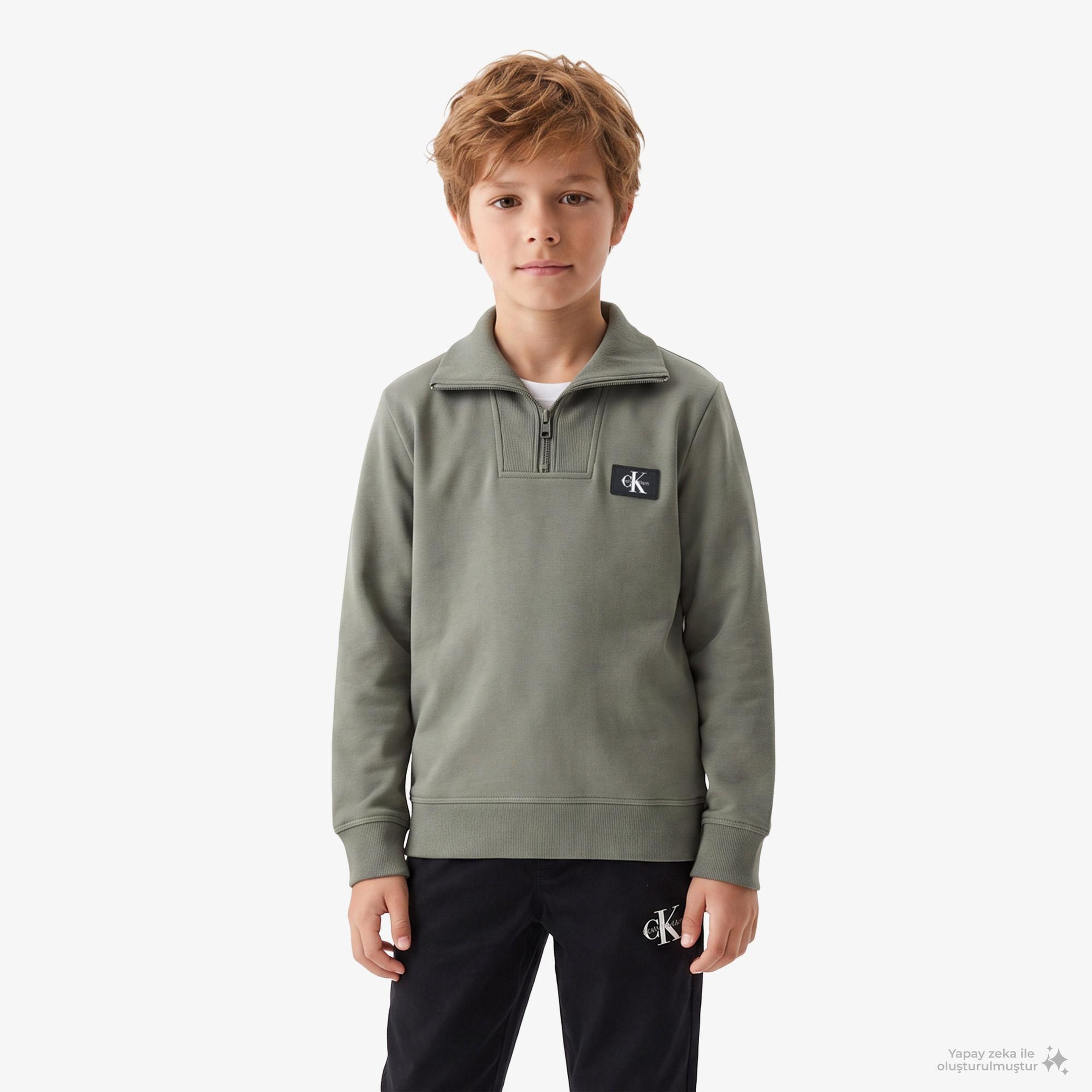 Calvin Klein Terry Woven Label Half Zip Çocuk Yeşil Sweatshirt