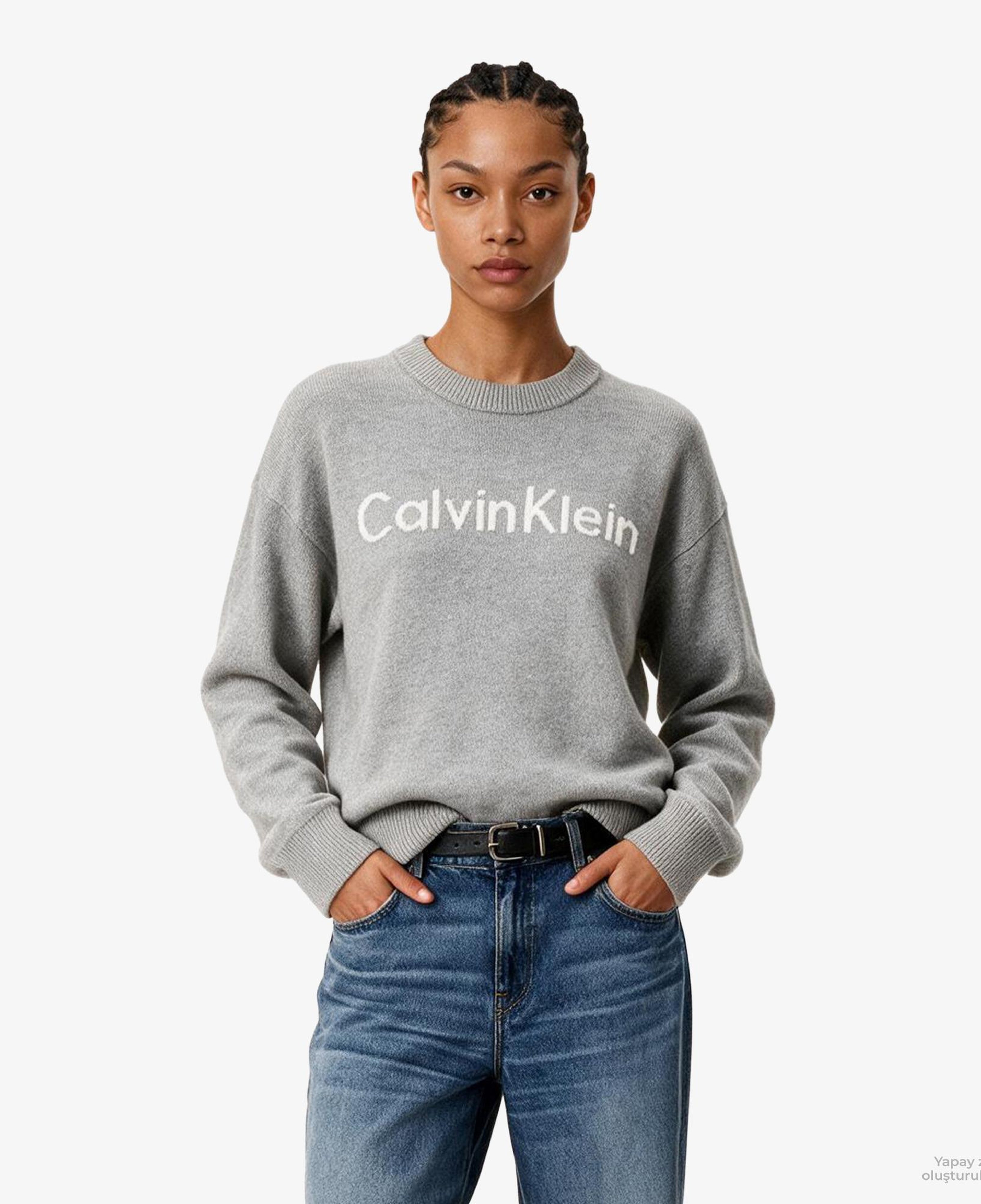 Calvin Klein Contrast Logo Kadın Gri Triko