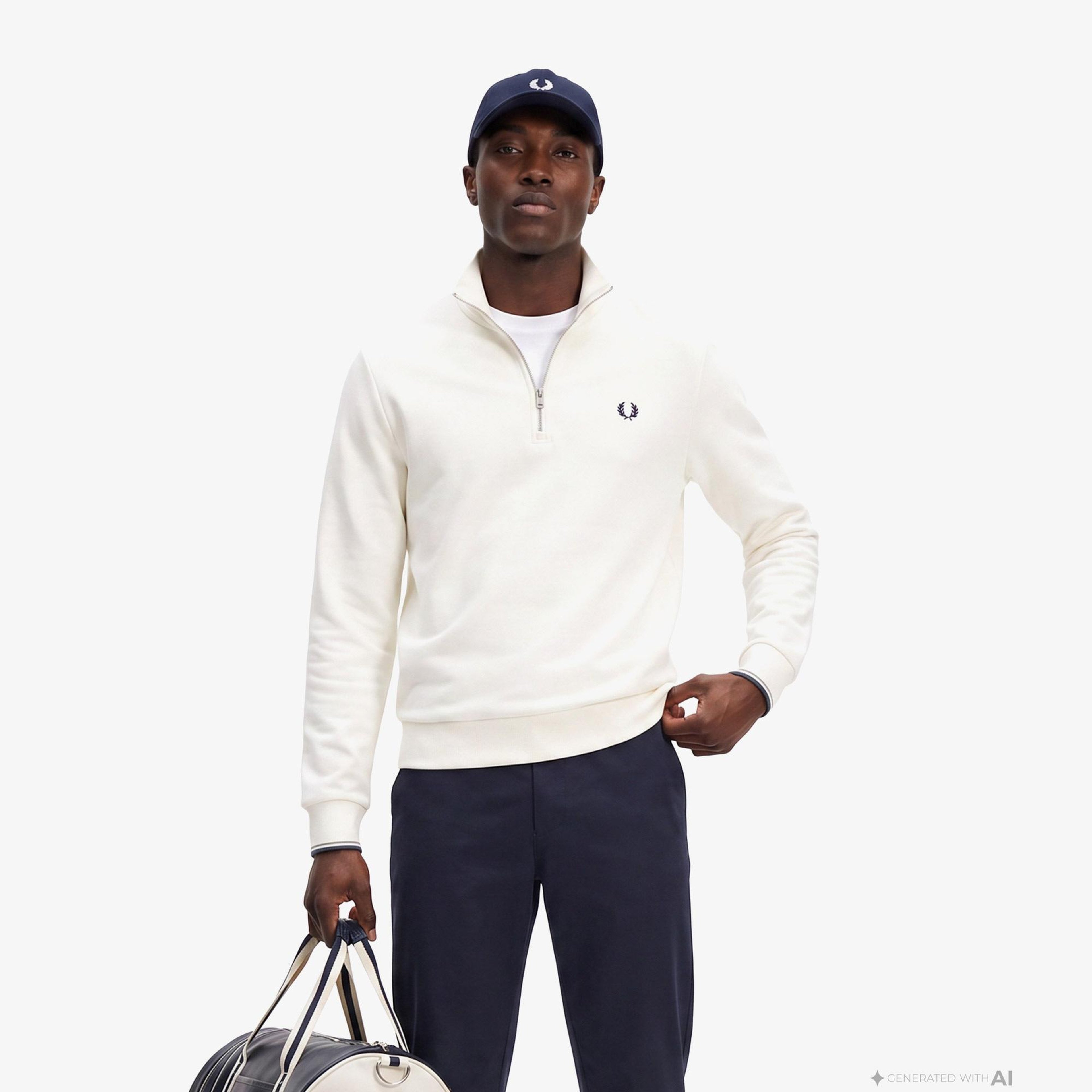 Fred Perry Half Zip Erkek Beyaz Sweatshirt