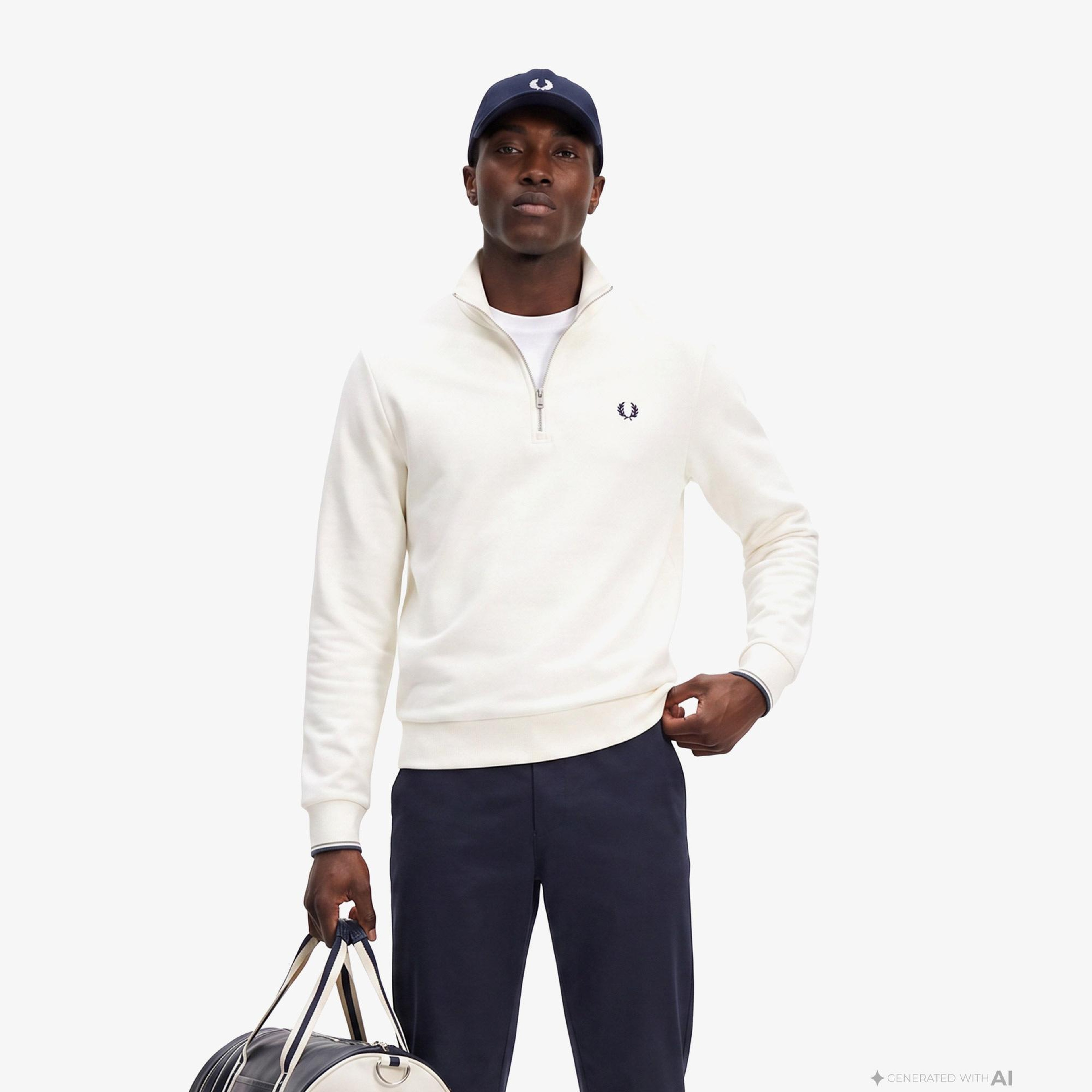 Fred Perry Half Zip Erkek Beyaz Sweatshirt