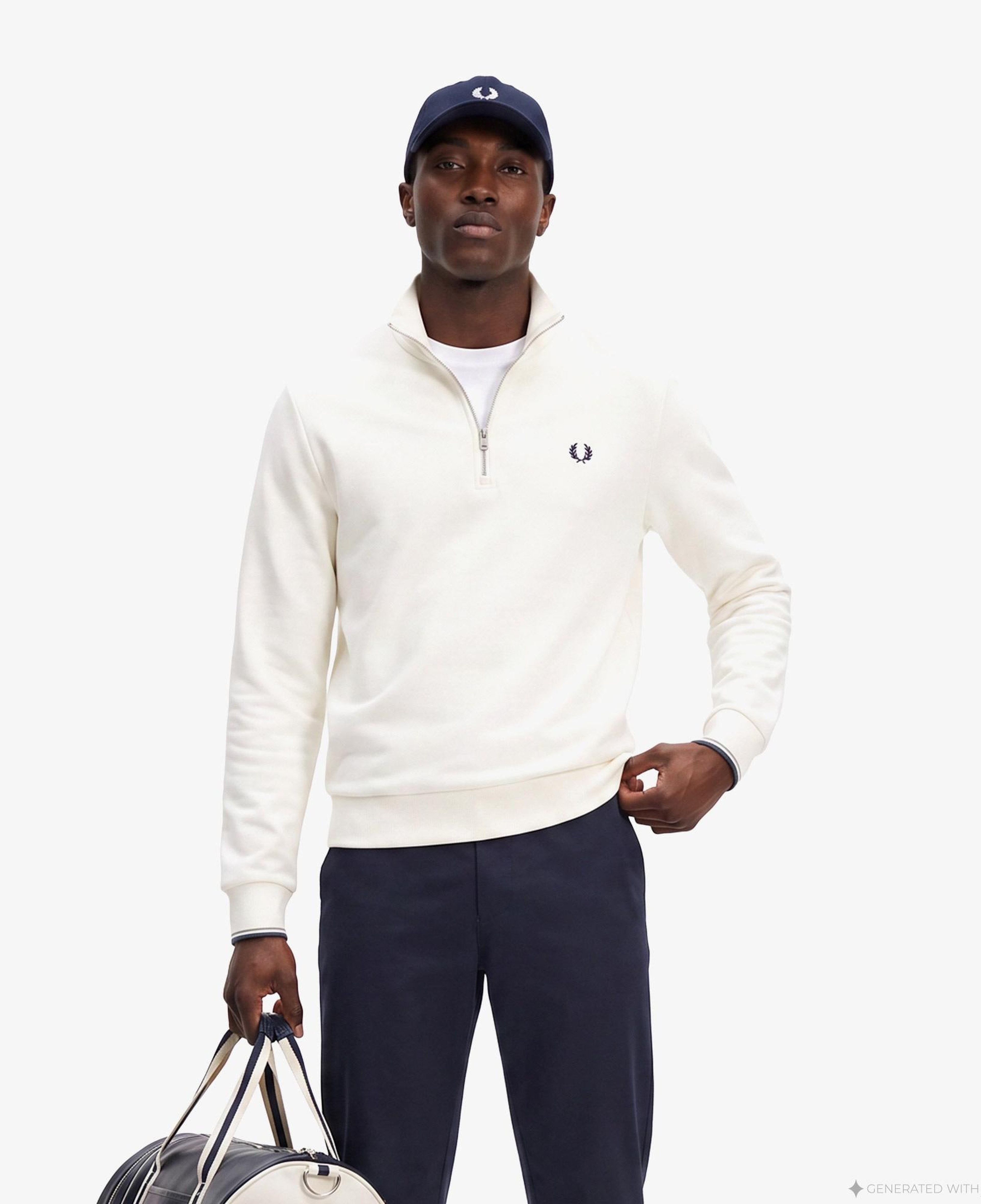 Fred Perry Half Zip Erkek Beyaz Sweatshirt
