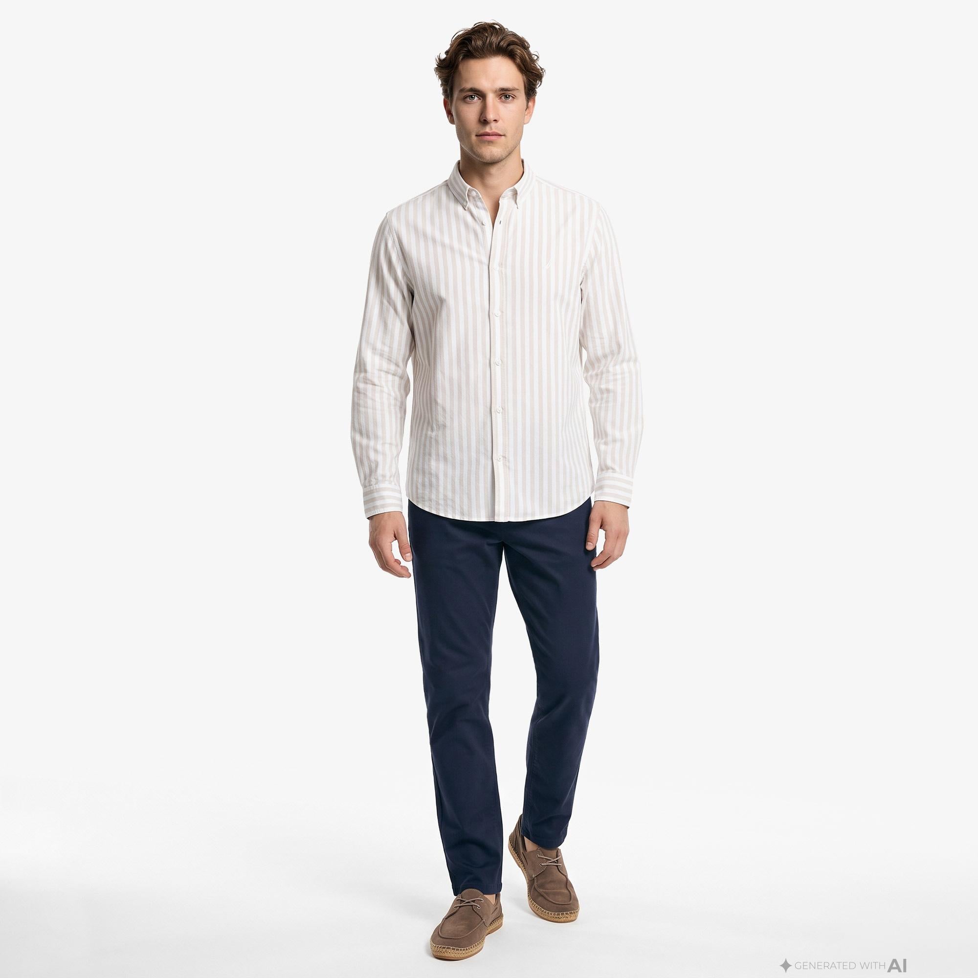 Nautica Erkek Bej Regular Fit Çizgili Gömlek