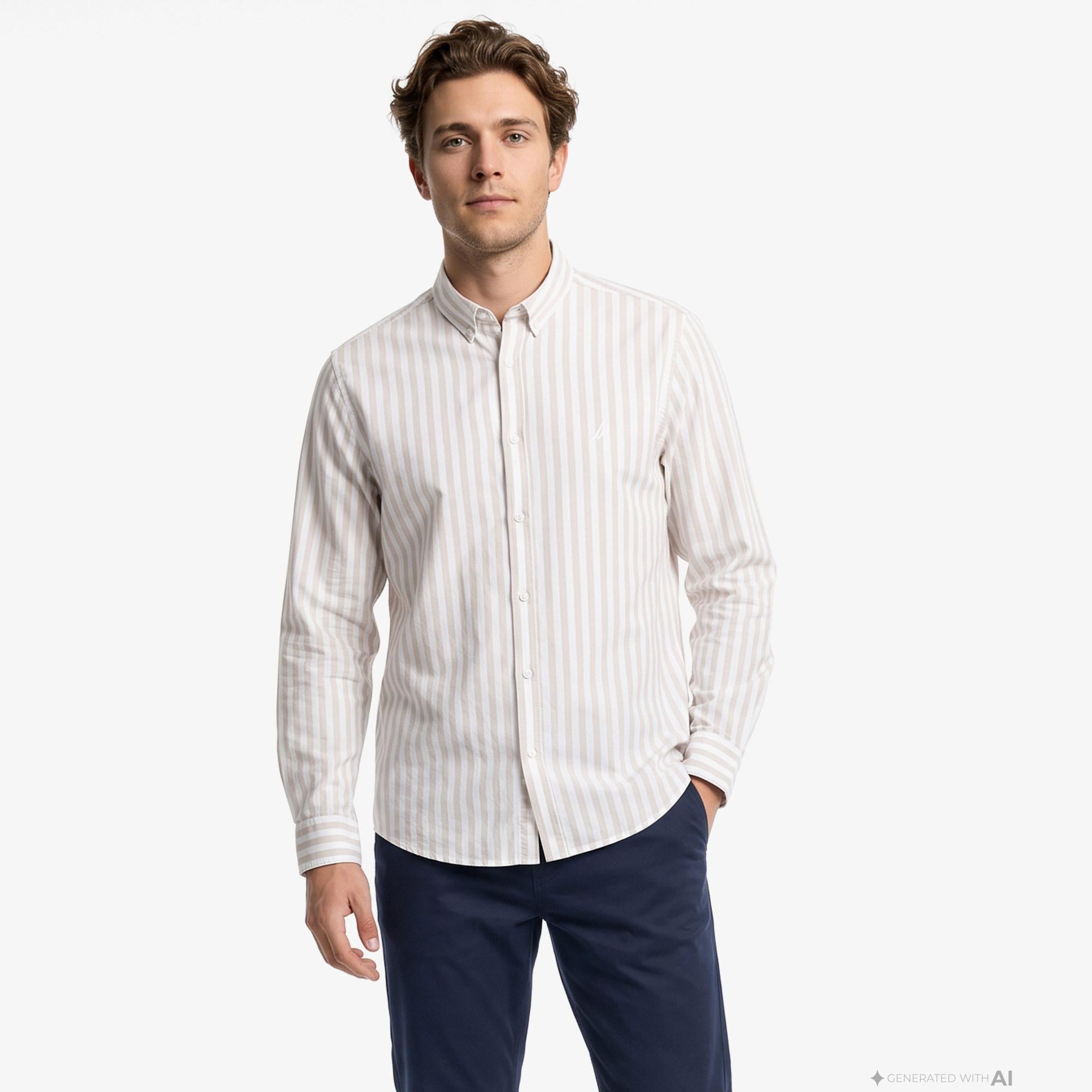 Nautica Erkek Bej Regular Fit Çizgili Gömlek
