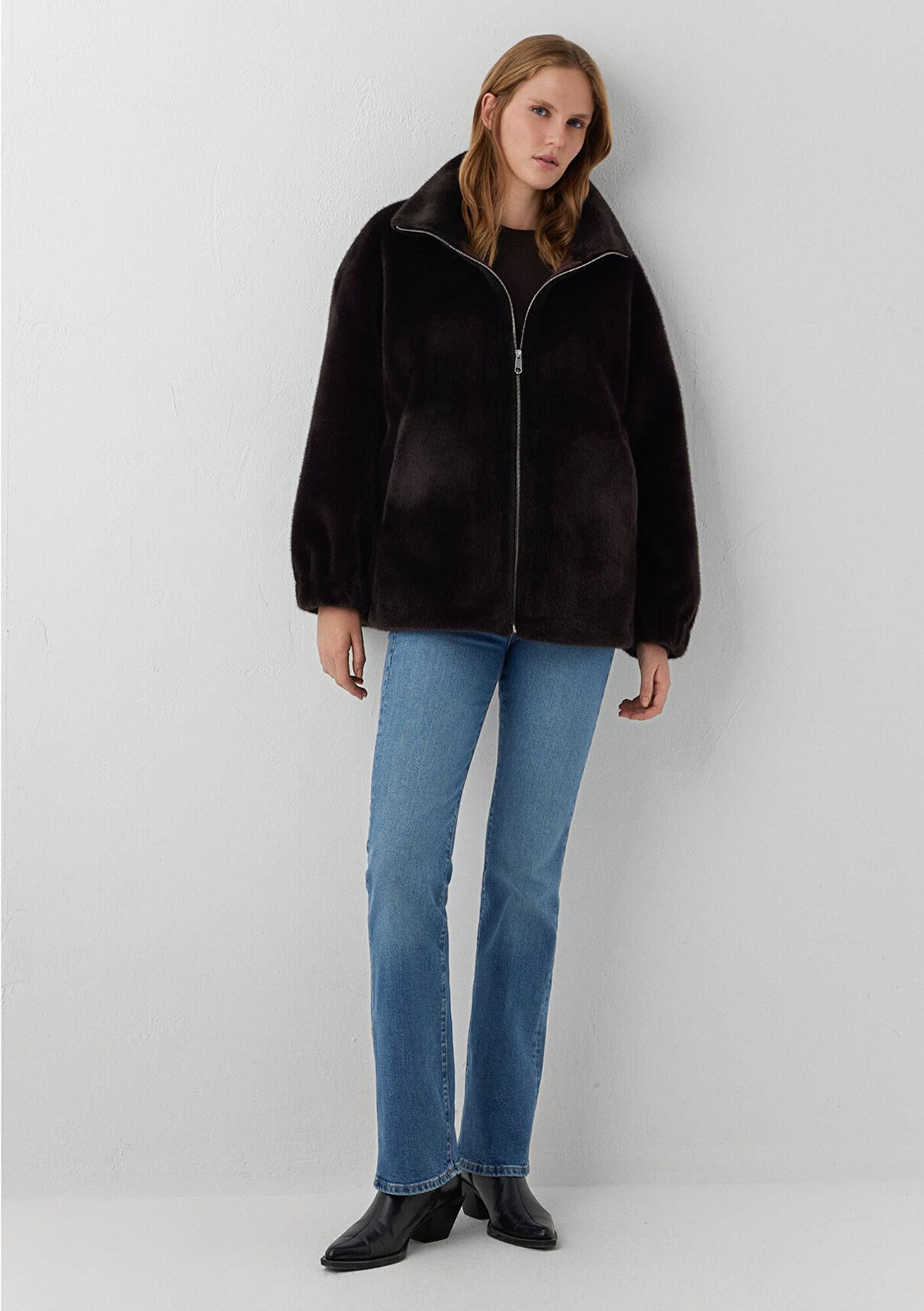 Mavi Kahverengi Suni Kürk Ceket Oversize / Geniş Kesim 1110597-70219