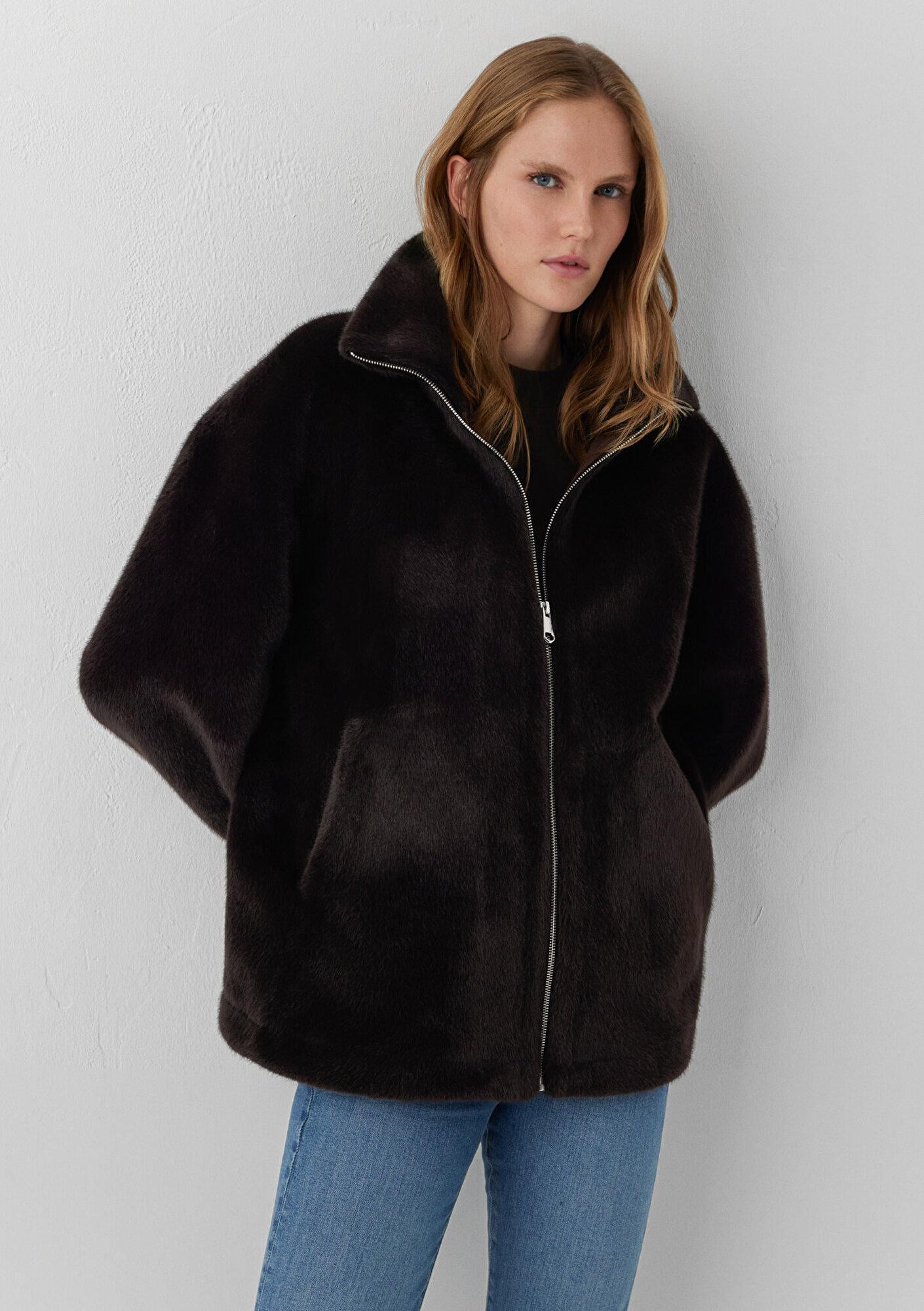 Mavi Kahverengi Suni Kürk Ceket Oversize / Geniş Kesim 1110597-70219