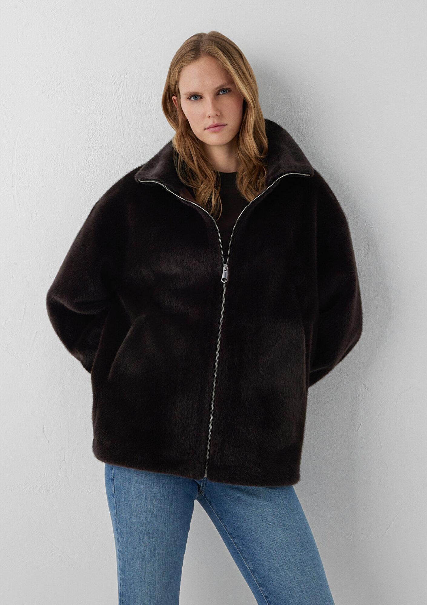 Mavi Kahverengi Suni Kürk Ceket Oversize / Geniş Kesim 1110597-70219