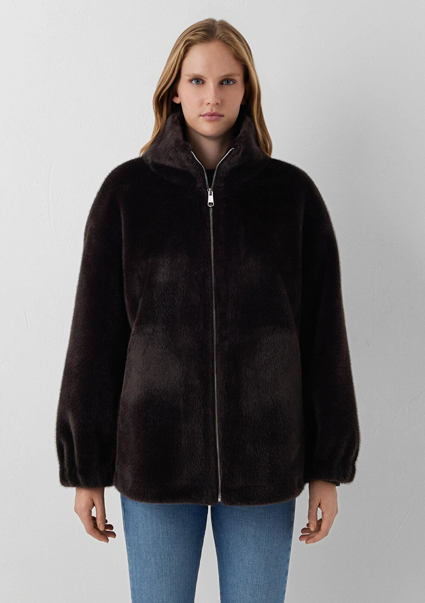 Mavi Kahverengi Suni Kürk Ceket Oversize / Geniş Kesim 1110597-70219
