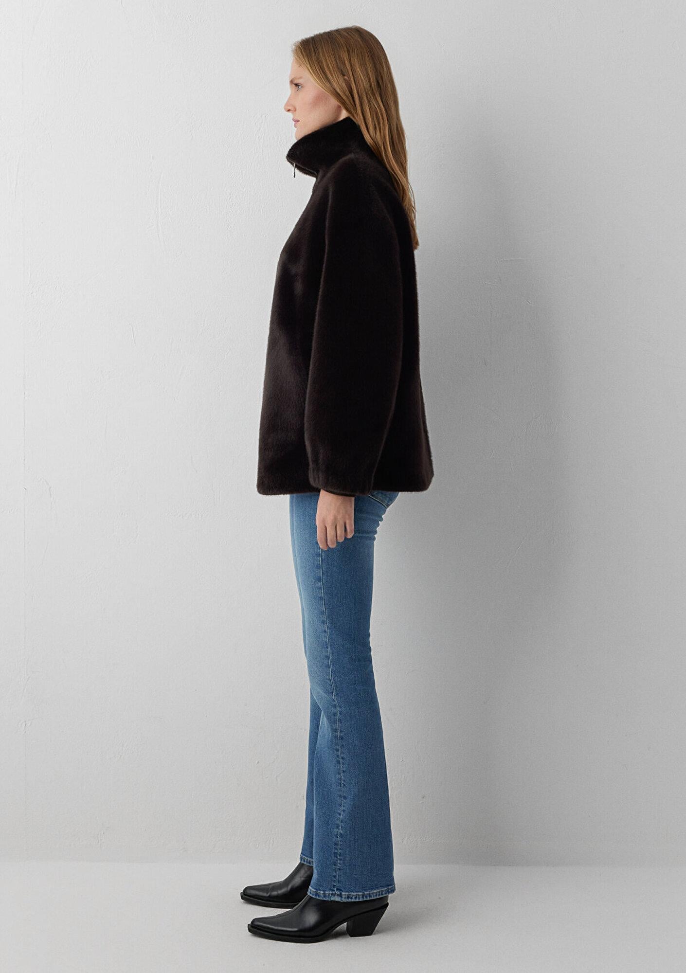 Mavi Kahverengi Suni Kürk Ceket Oversize / Geniş Kesim 1110597-70219