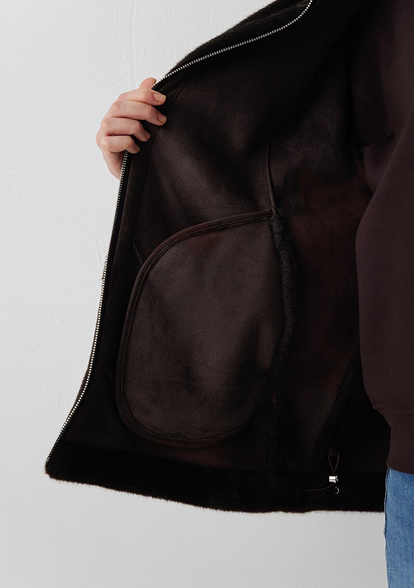 Mavi Kahverengi Suni Kürk Ceket Oversize / Geniş Kesim 1110597-70219
