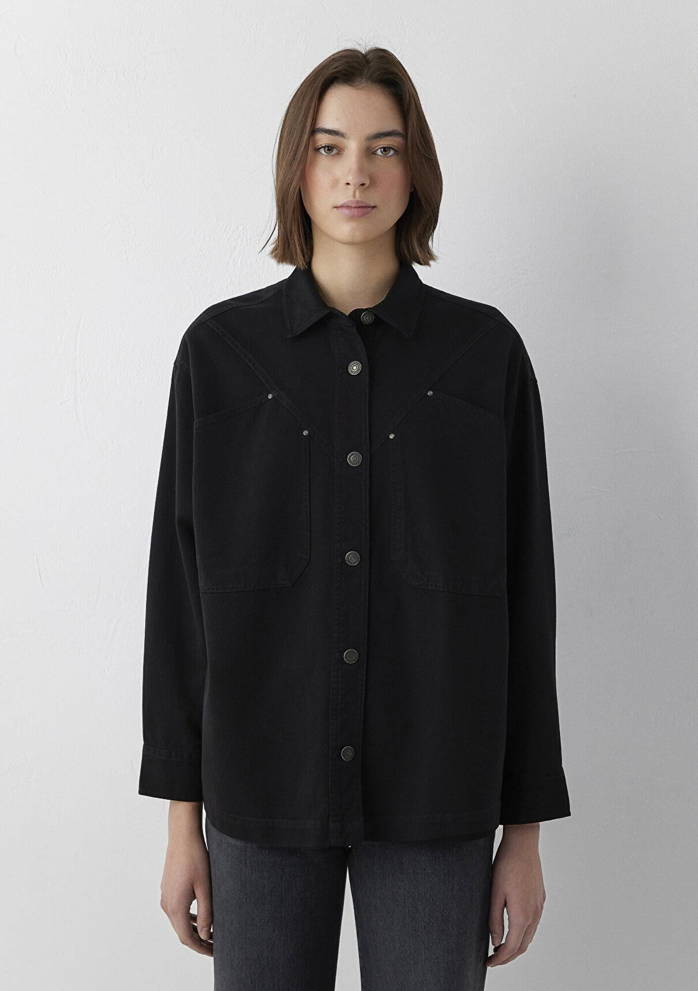 Mavi Siyah Gömlek Oversize / Geniş Kesim 1211019-900