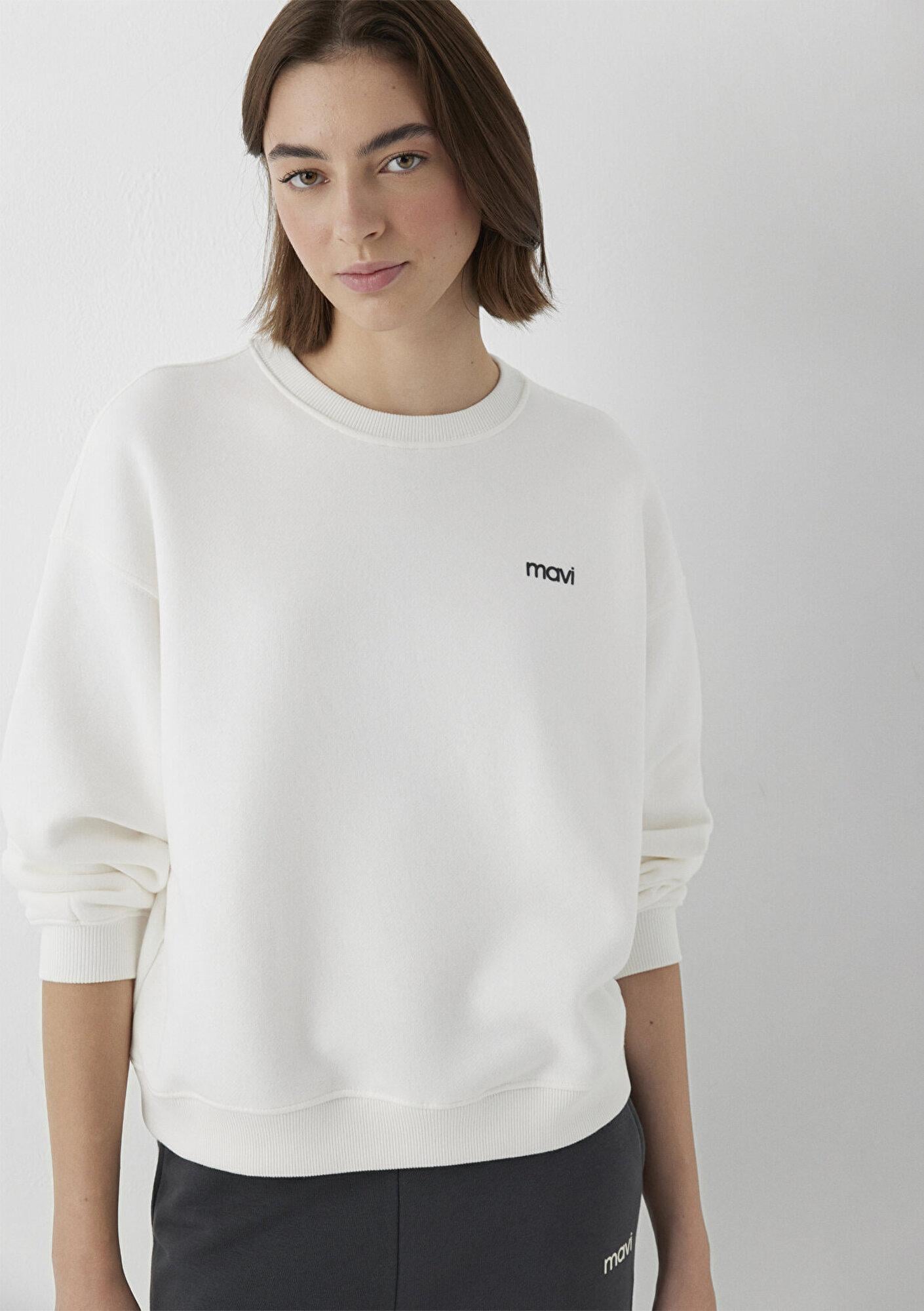 Mavi Mavi Logo Baskılı Ekru Sweatshirt 1S10490-80194