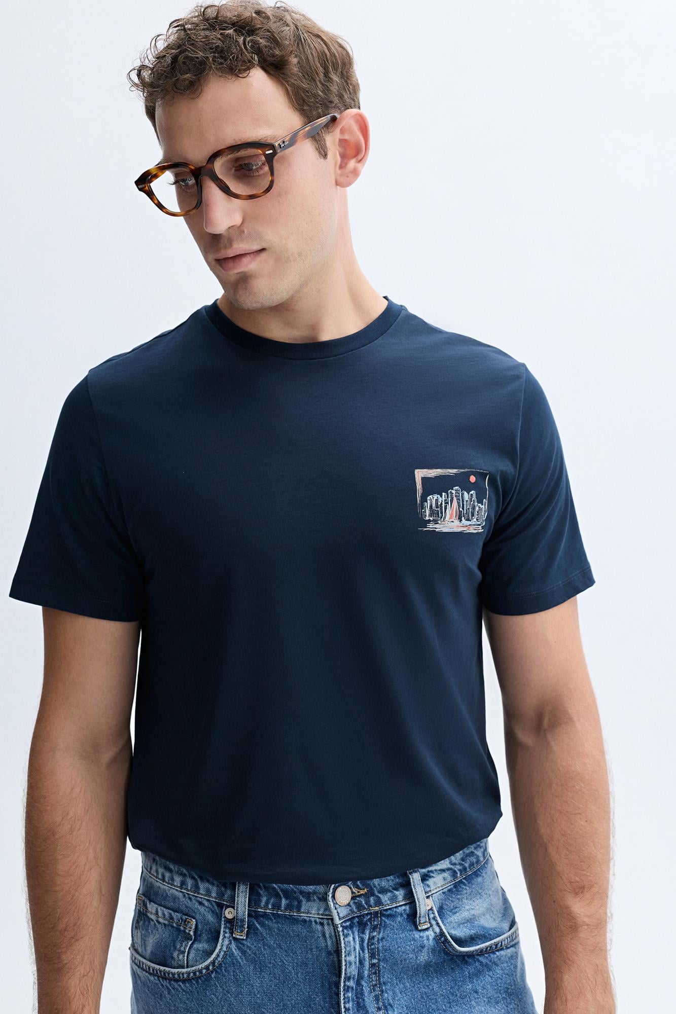Erkek Lacivert Baskılı Bisiklet Yaka T-Shirt