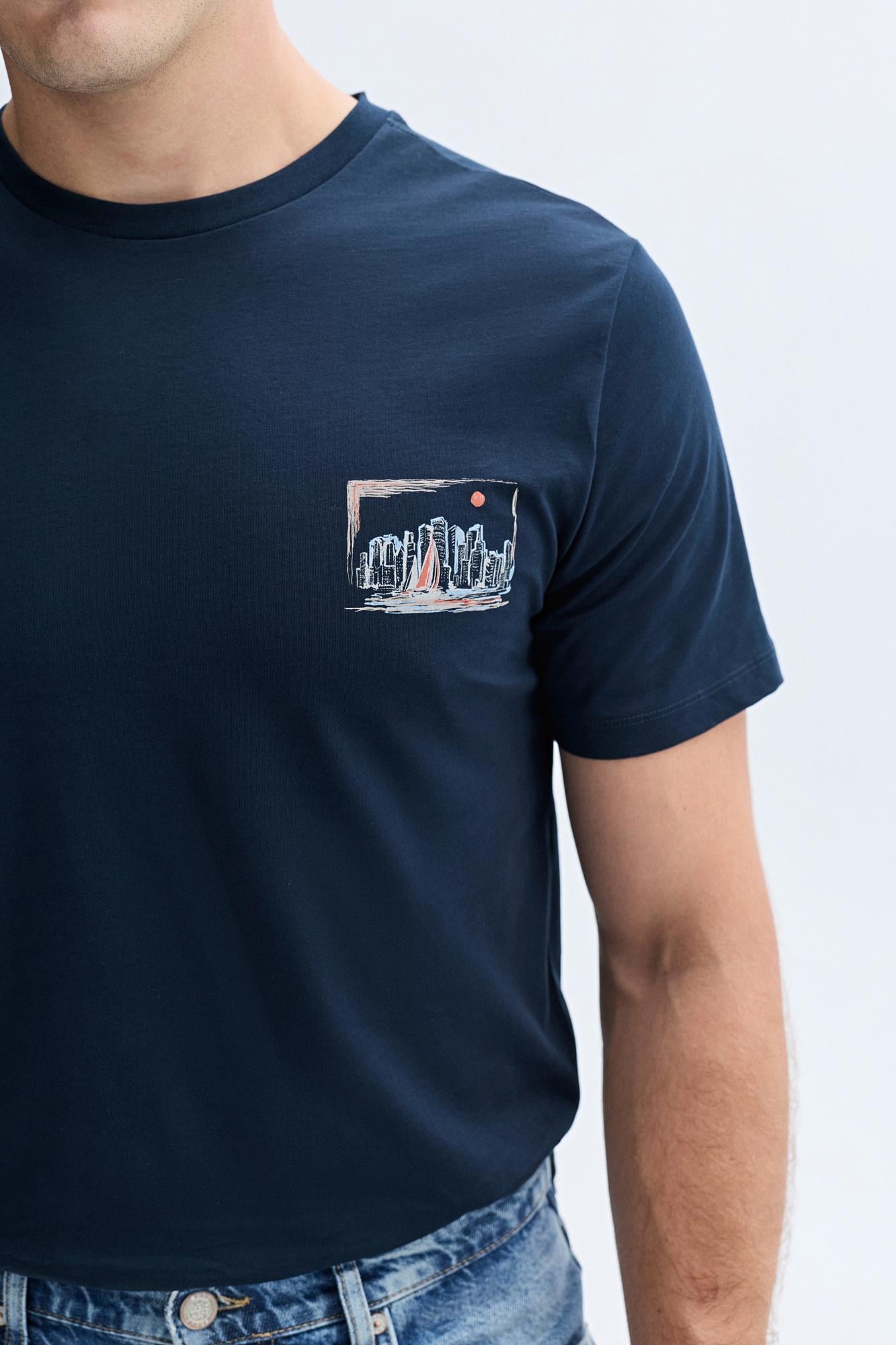 Erkek Lacivert Baskılı Bisiklet Yaka T-Shirt