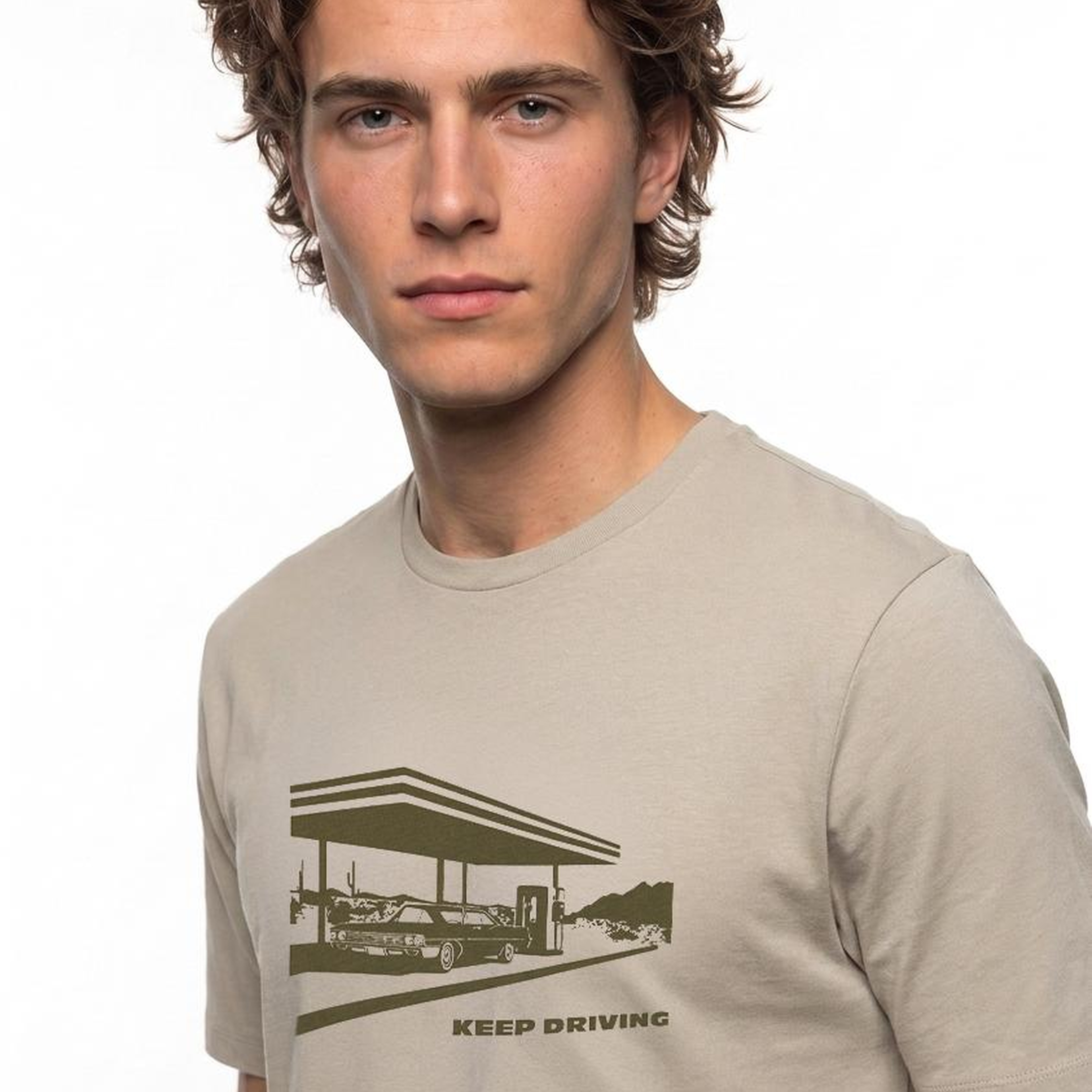 Erkek Taş Rengi Baskılı Bisiklet Yaka T-Shirt