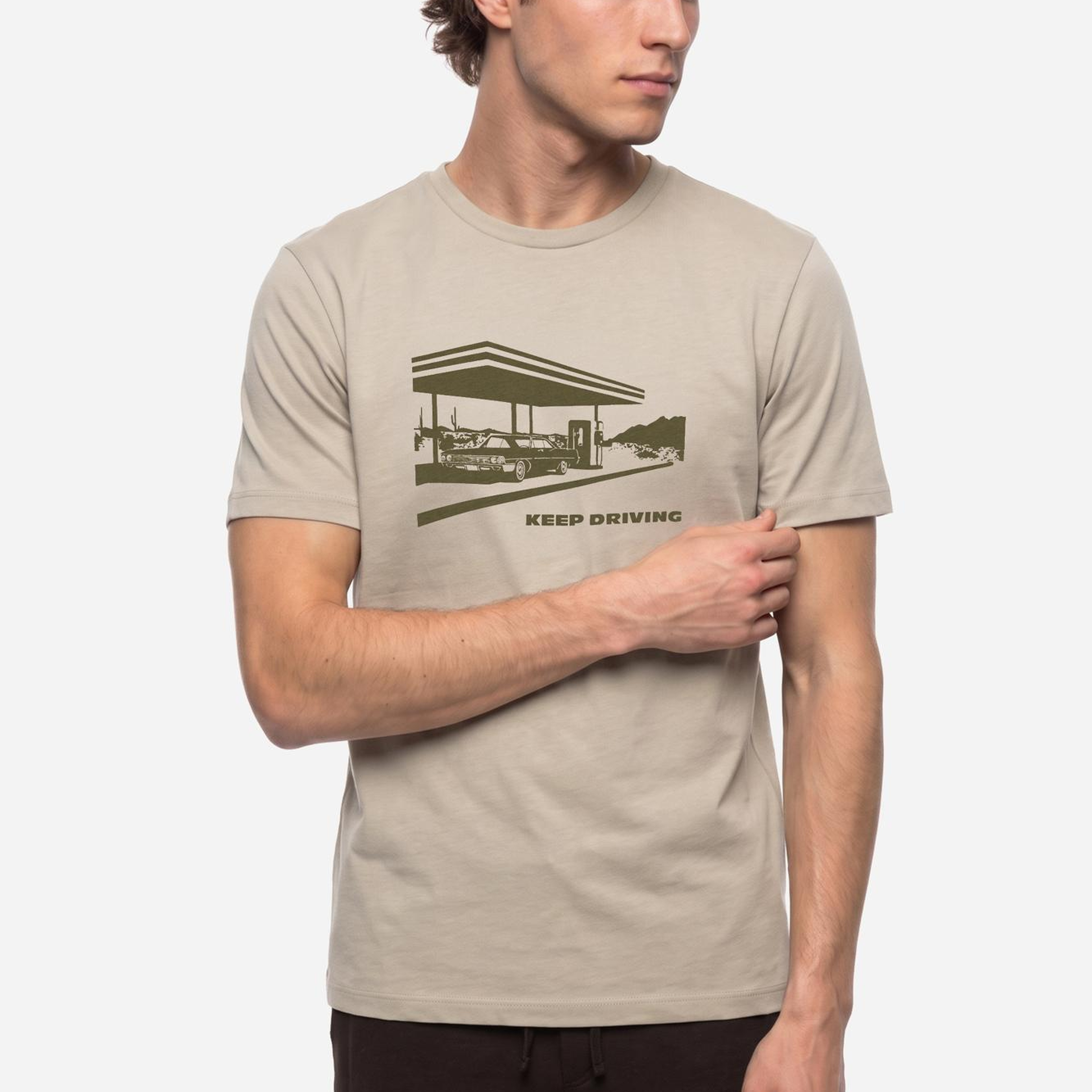 Erkek Taş Rengi Baskılı Bisiklet Yaka T-Shirt