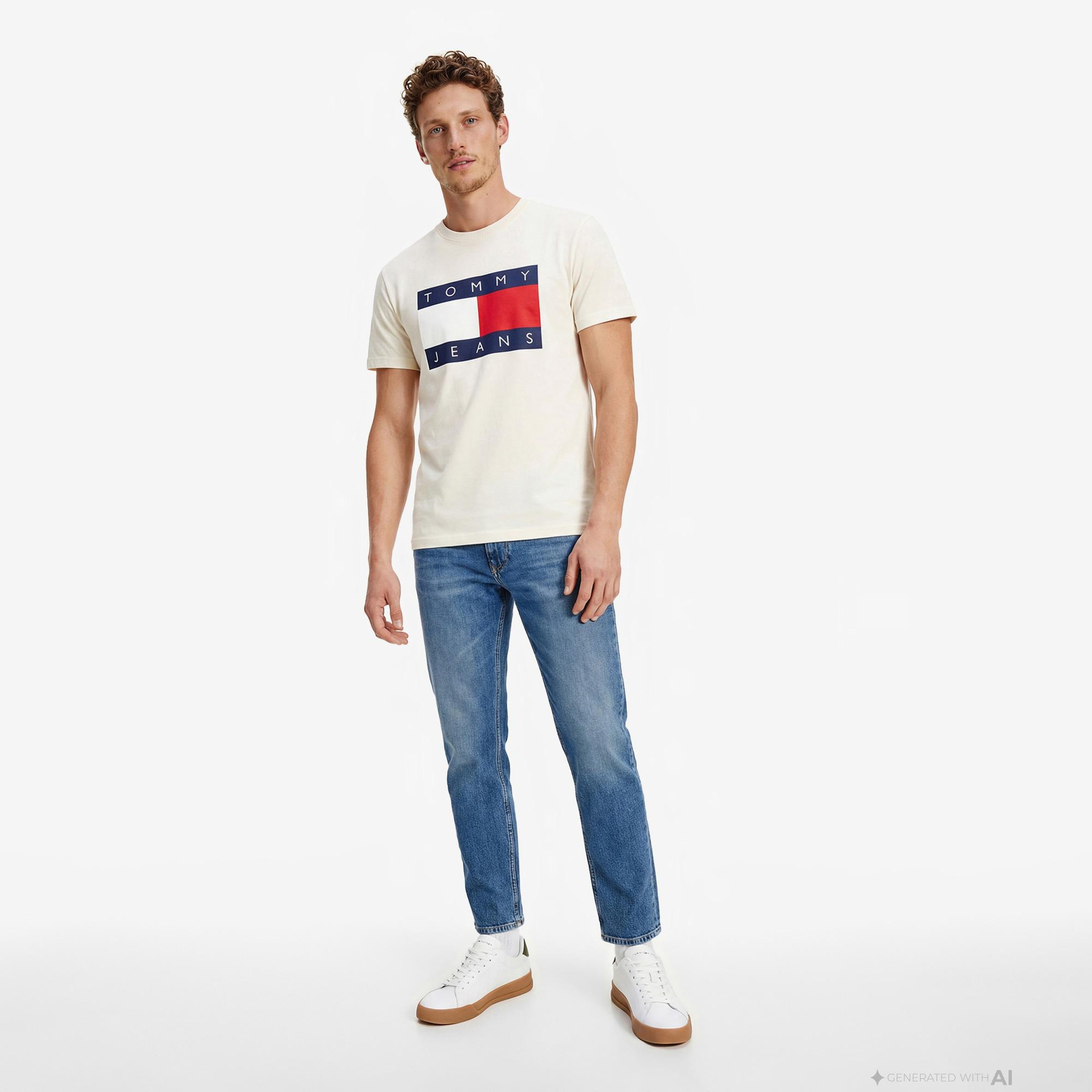 Tommy Hilfiger Flag Erkek Beyaz T-Shirt