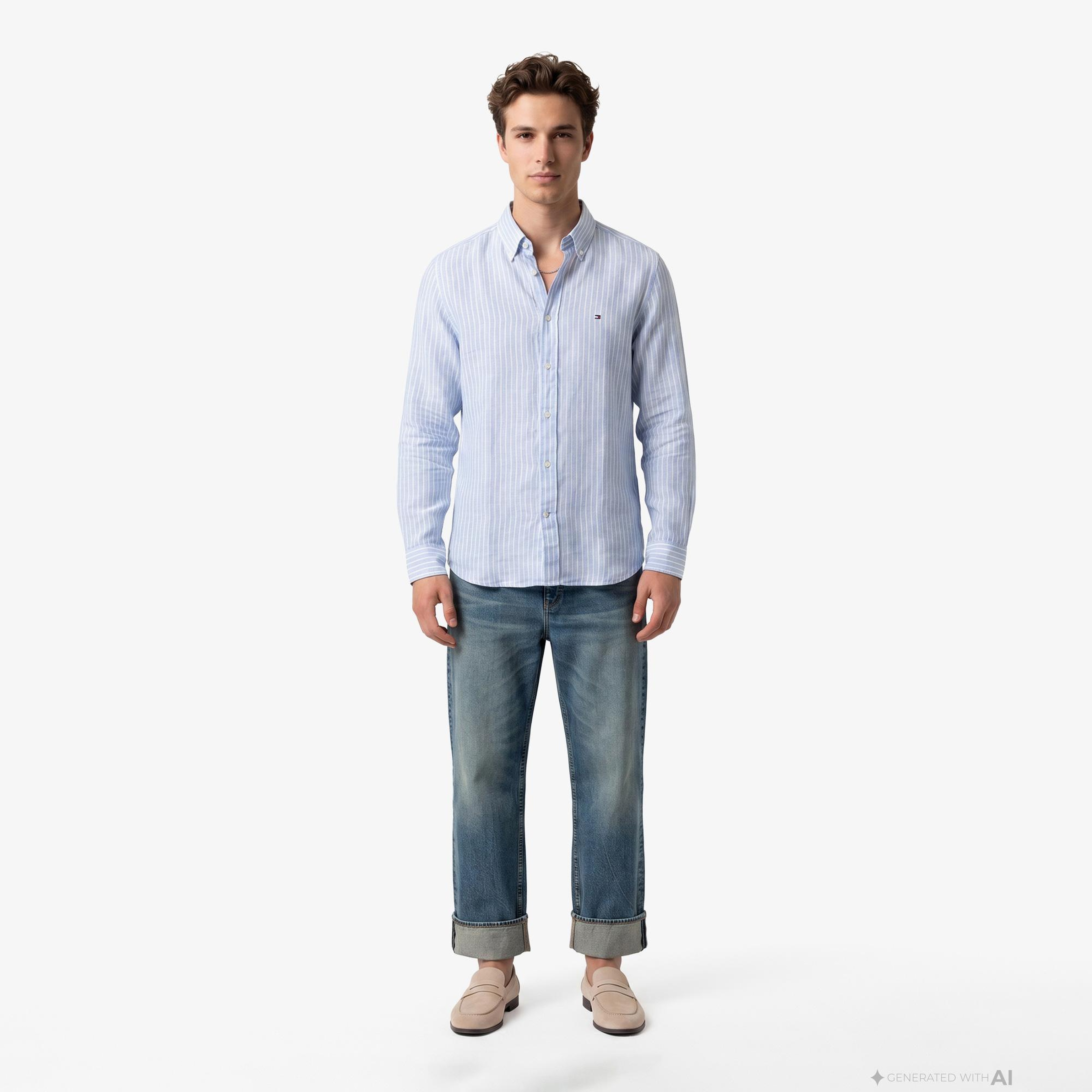 Tommy Hilfiger Seasonal Quality Erkek Mavi Keten Gömlek