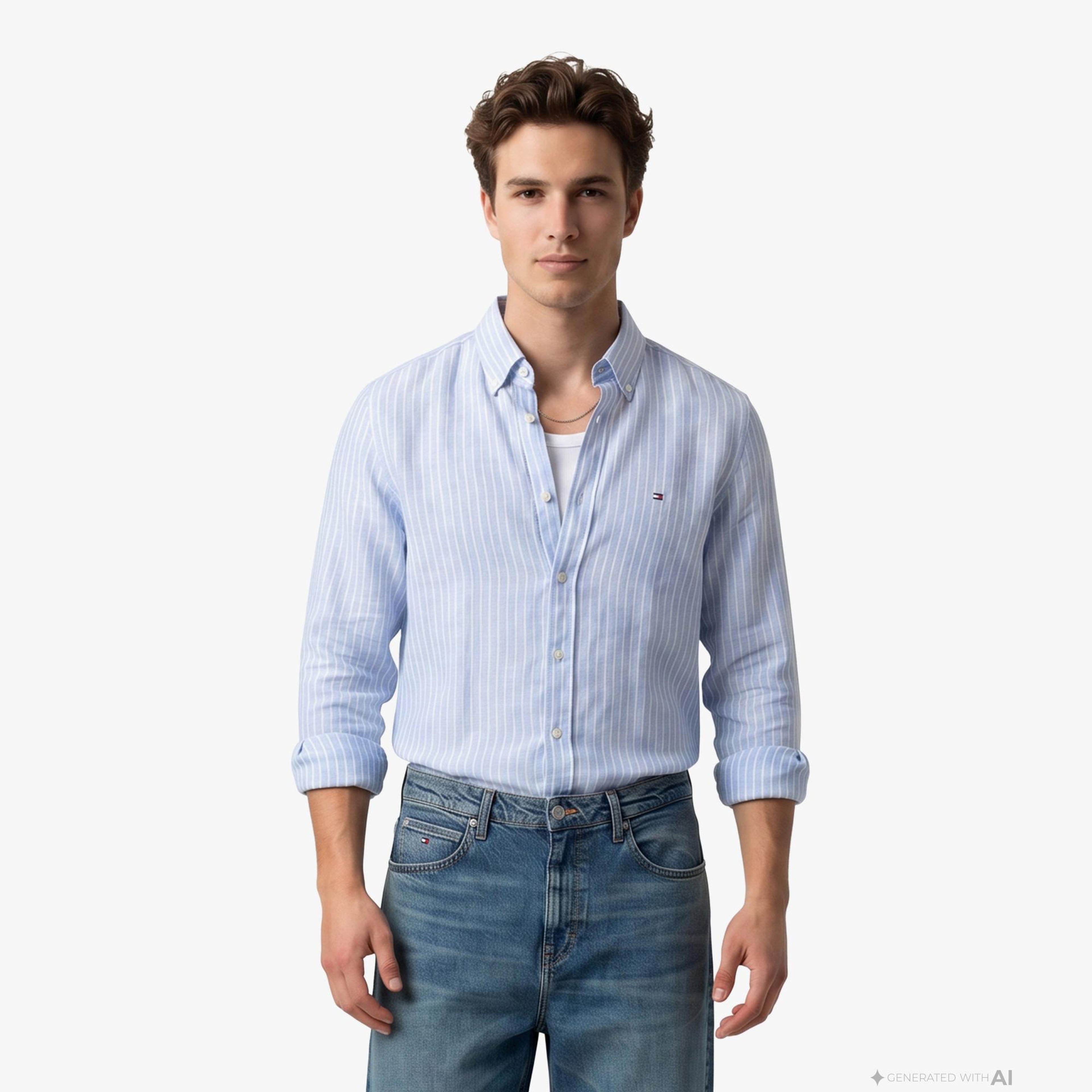 Tommy Hilfiger Seasonal Quality Erkek Mavi Keten Gömlek