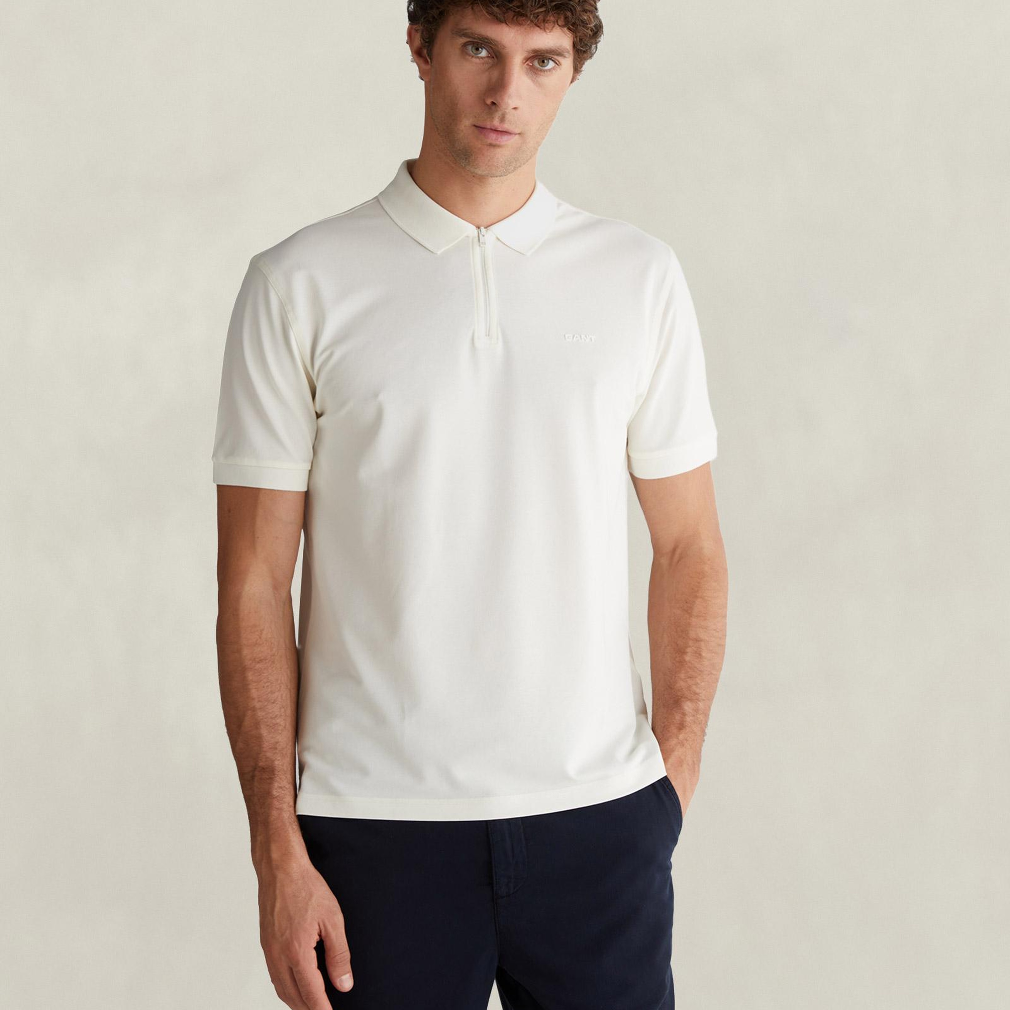 GANT Erkek Beyaz Regular Fit Yarım Fermuarlı Polo Yaka T-Shirt