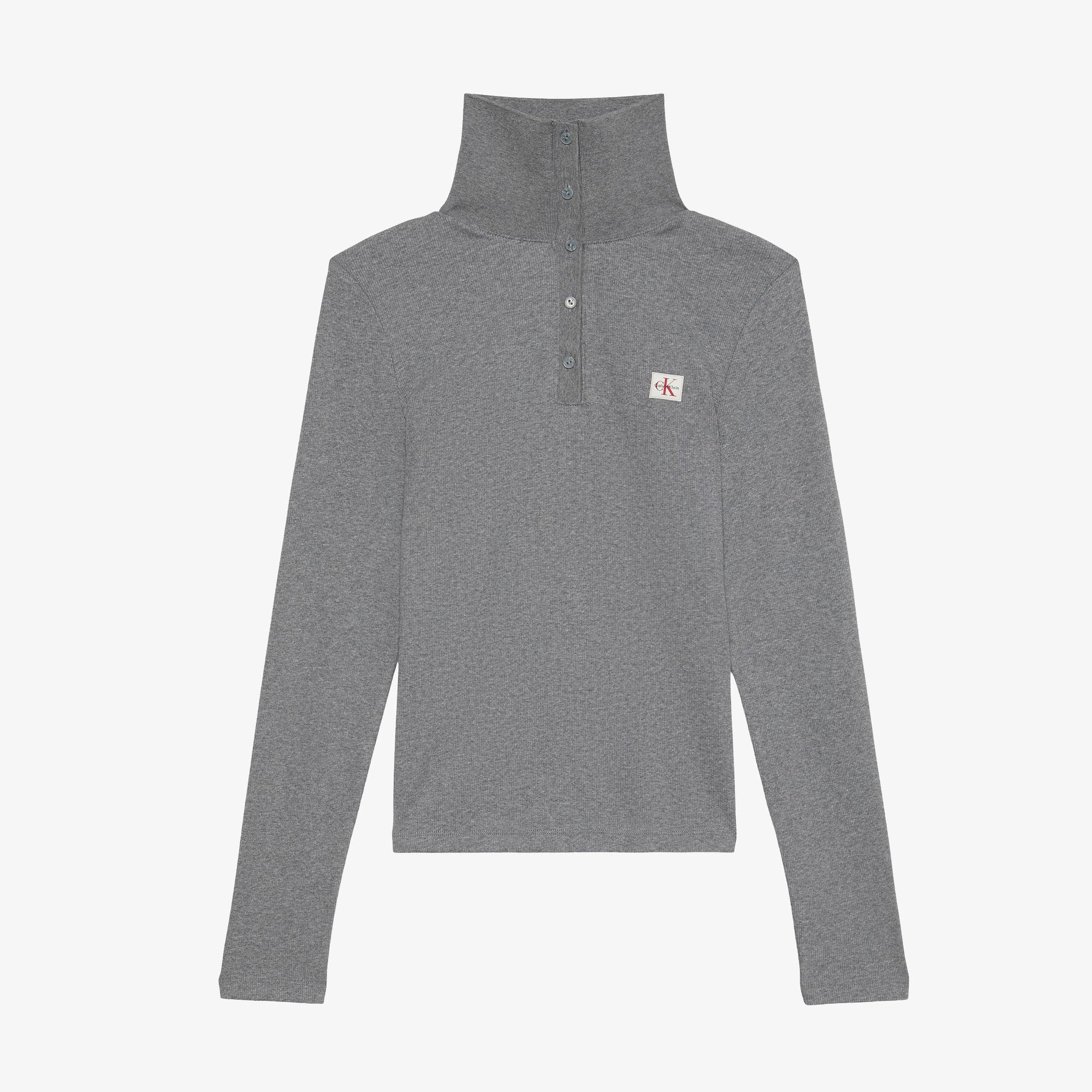 Calvin Klein Woven Label Henley Kadın Gri T-Shirt